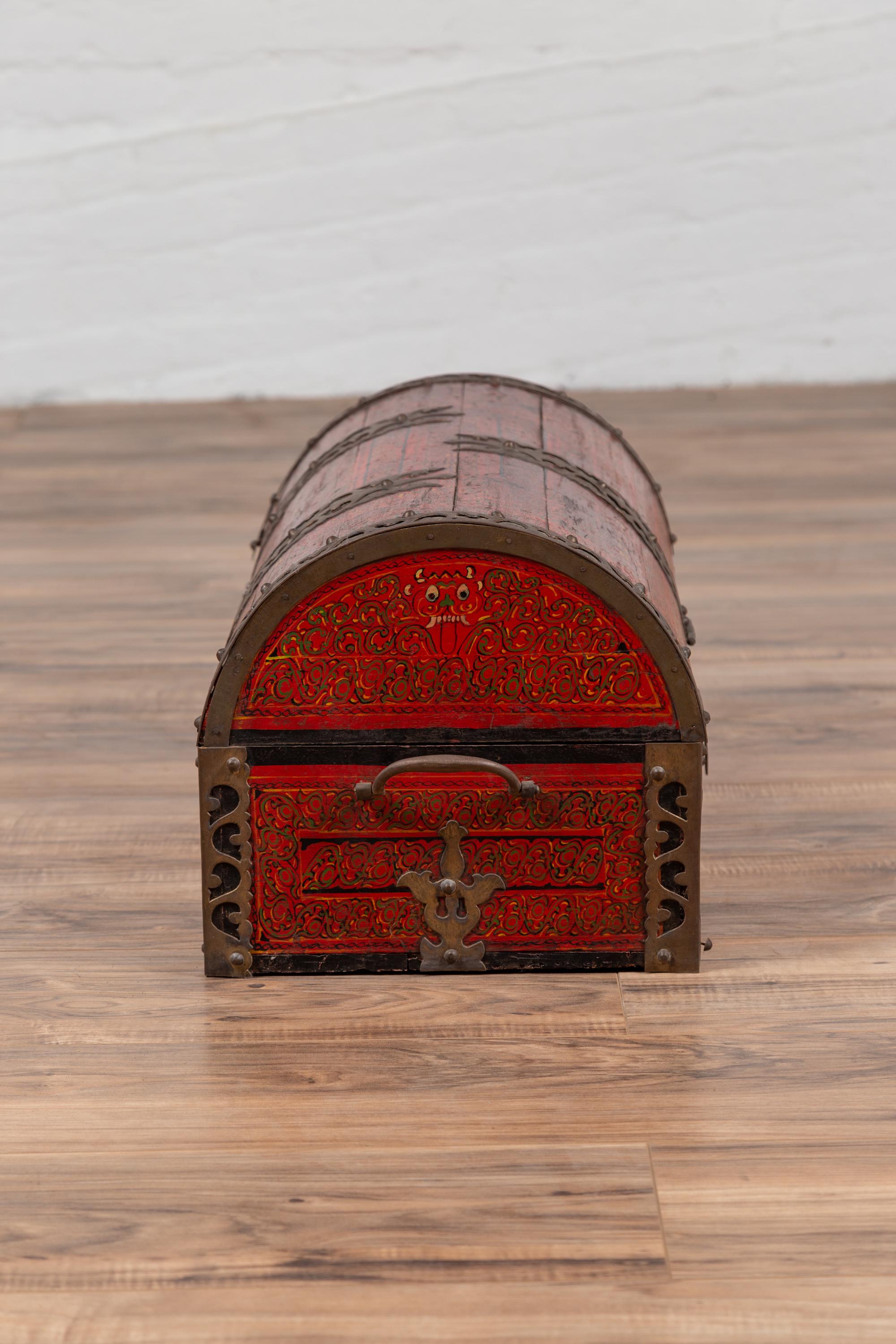 Antique Indian Red Lacquered Dowry Box from Rajasthan with Pierced Brass Braces 4