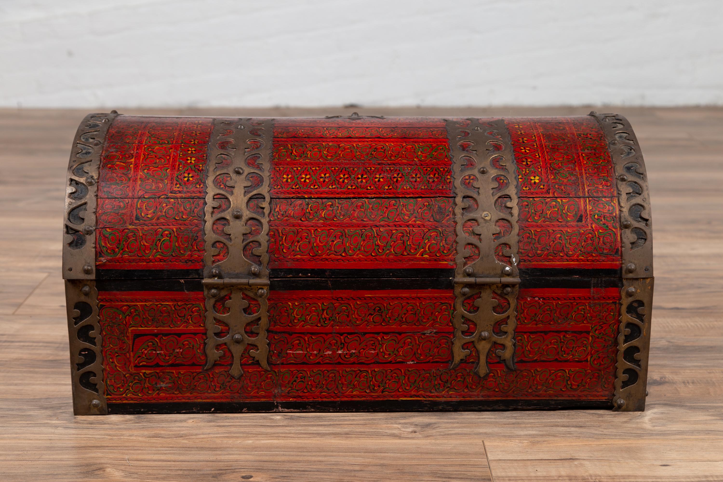 Antique Indian Red Lacquered Dowry Box from Rajasthan with Pierced Brass Braces 5