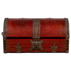 Antique Indian Red Lacquered Dowry Box from Rajasthan with Pierced Brass Braces