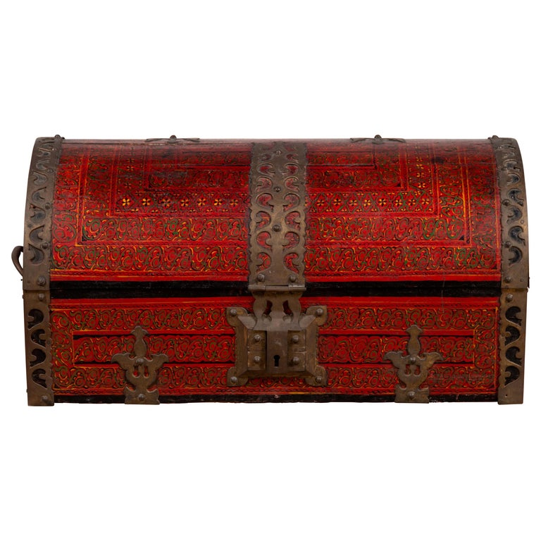 Antique Indian Red Lacquered Dowry Box from Rajasthan with Pierced