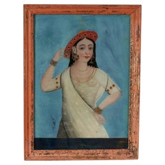 Antique Indian Reverse Painted Portrait of Woman on Glass