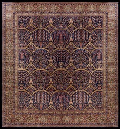 1920s Blue Navy Floral Antique Indian Agra Lahore Handknotted Wool Rug
