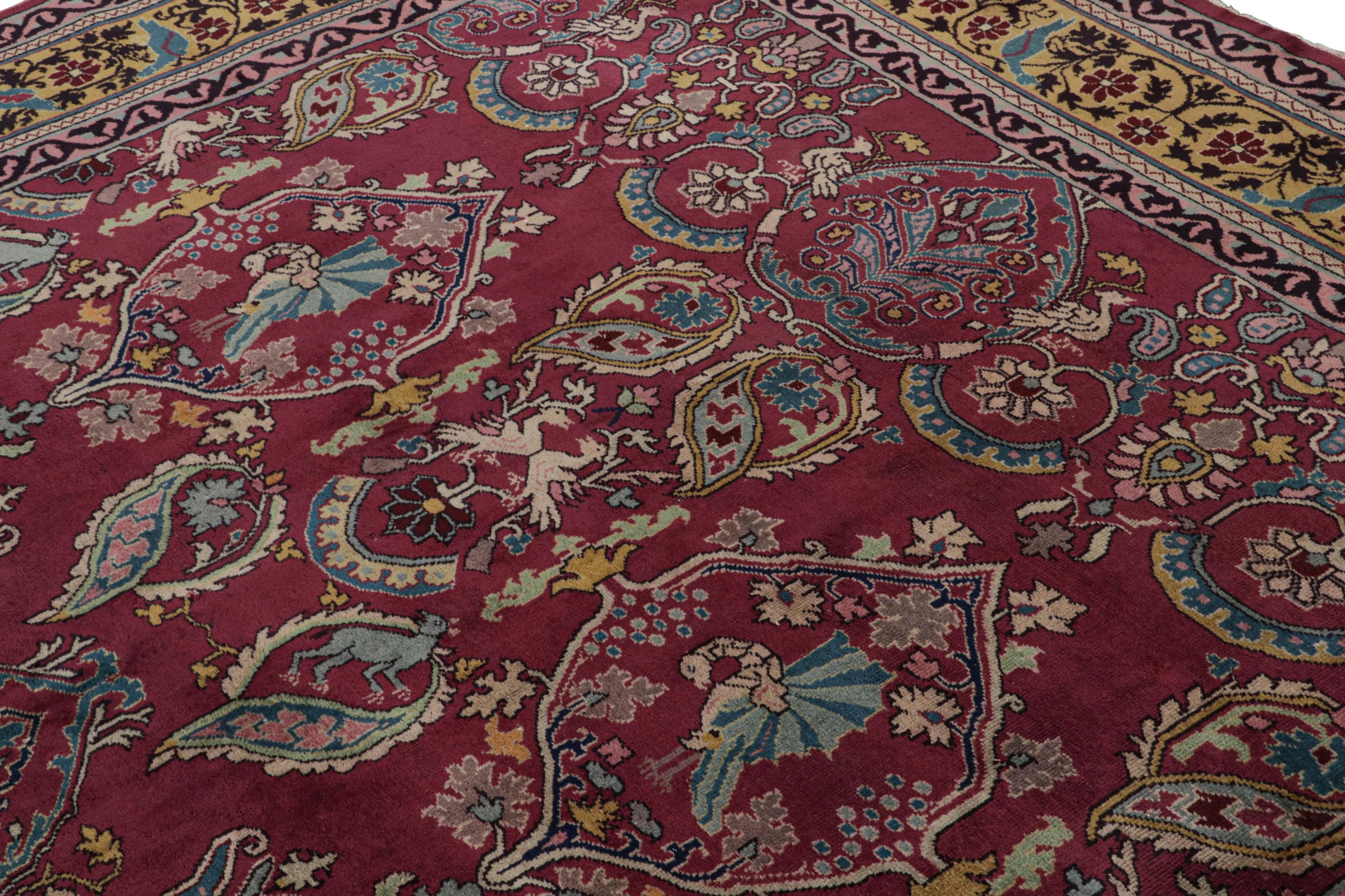 Hand-Knotted Antique Indian Rug in Burgundy and Gold with Floral Patterns For Sale
