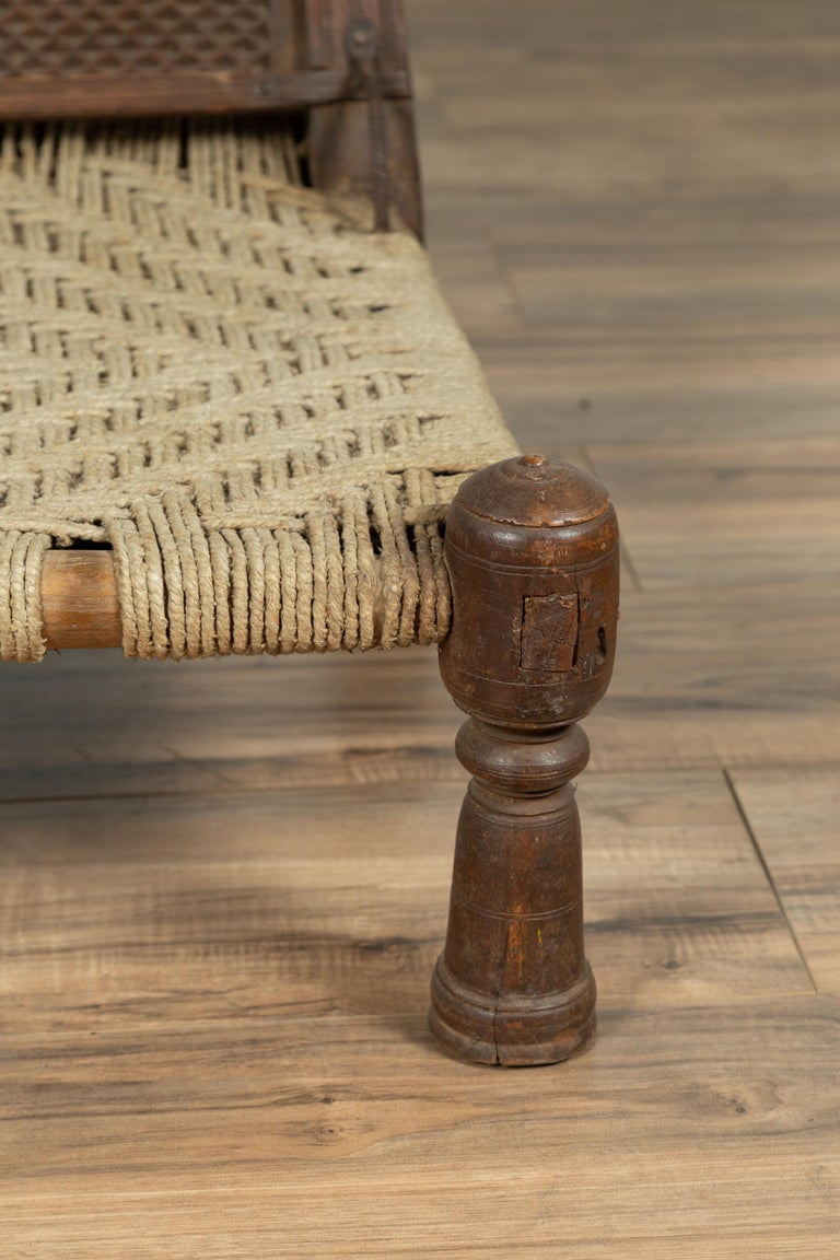 Antique Indian Rustic Low Seat Wooden Chair with Carved Rosettes and