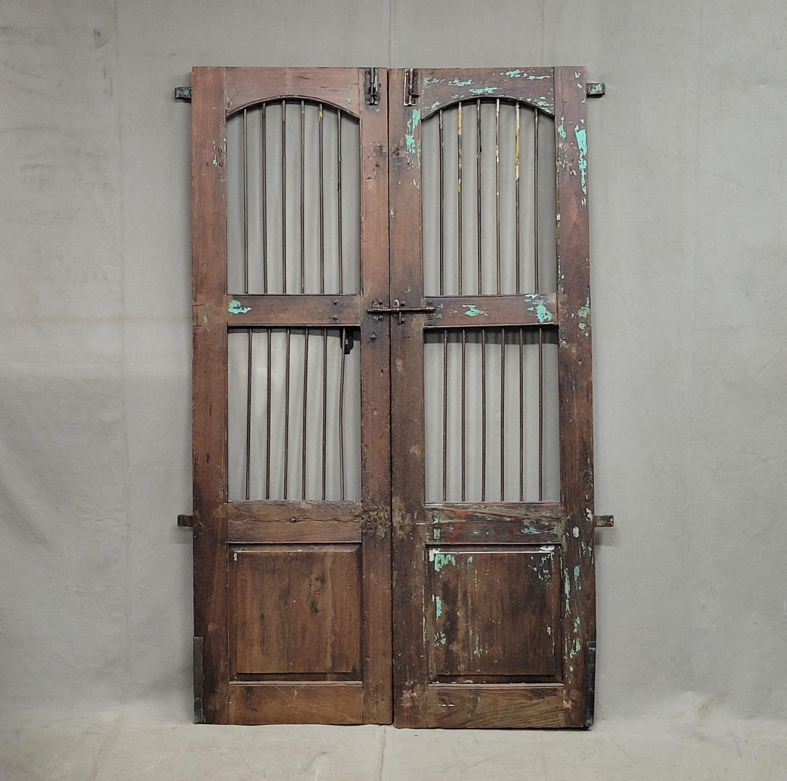 Hand-Crafted Antique Indian Rustic Teak and Iron Gates For Sale