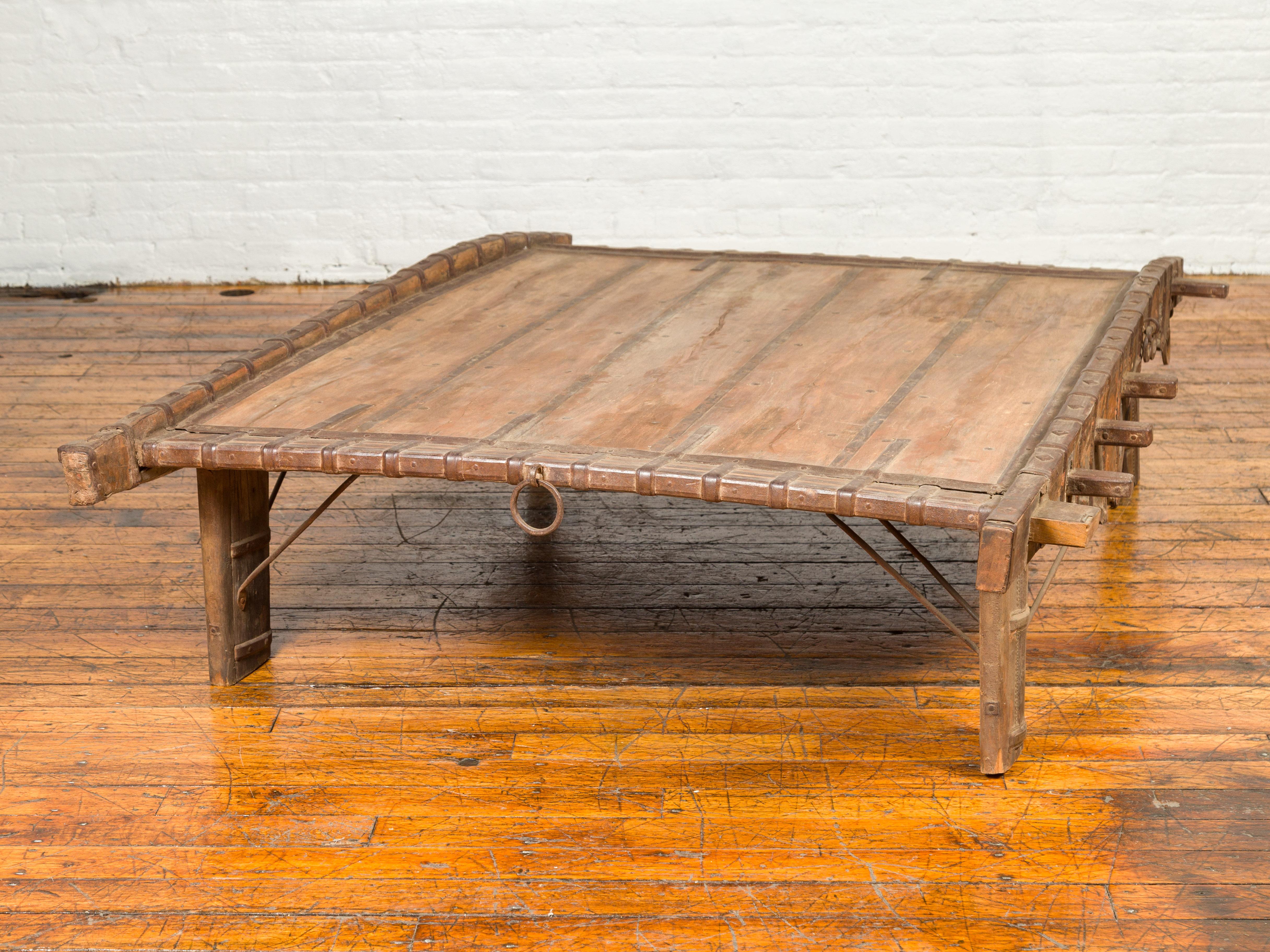 Antique Indian Rustic Wooden Ox Cart with Metal Accents Made into a Coffee Table 2