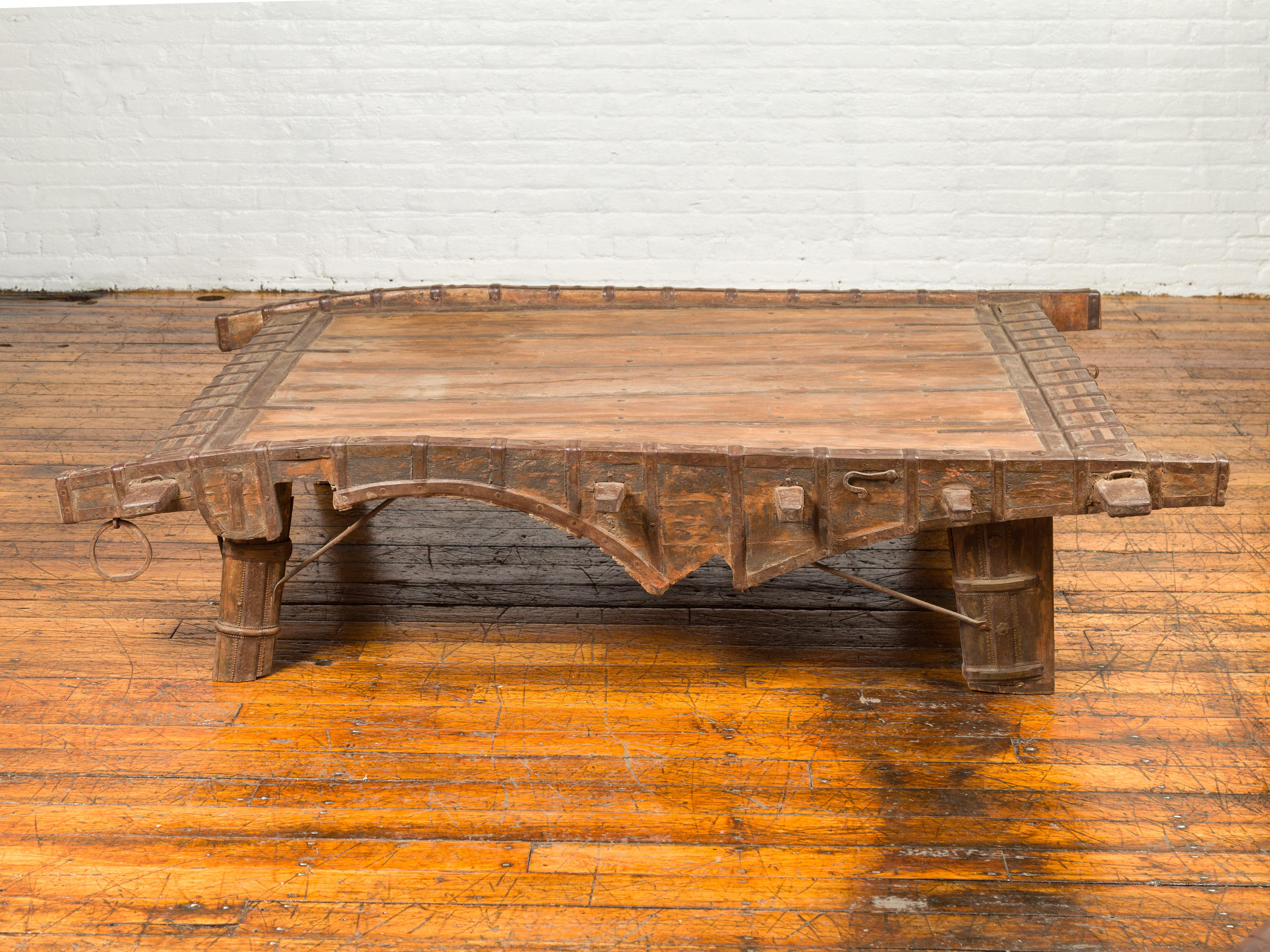 Antique Indian Rustic Wooden Ox Cart with Metal Accents Made into a Coffee Table 3