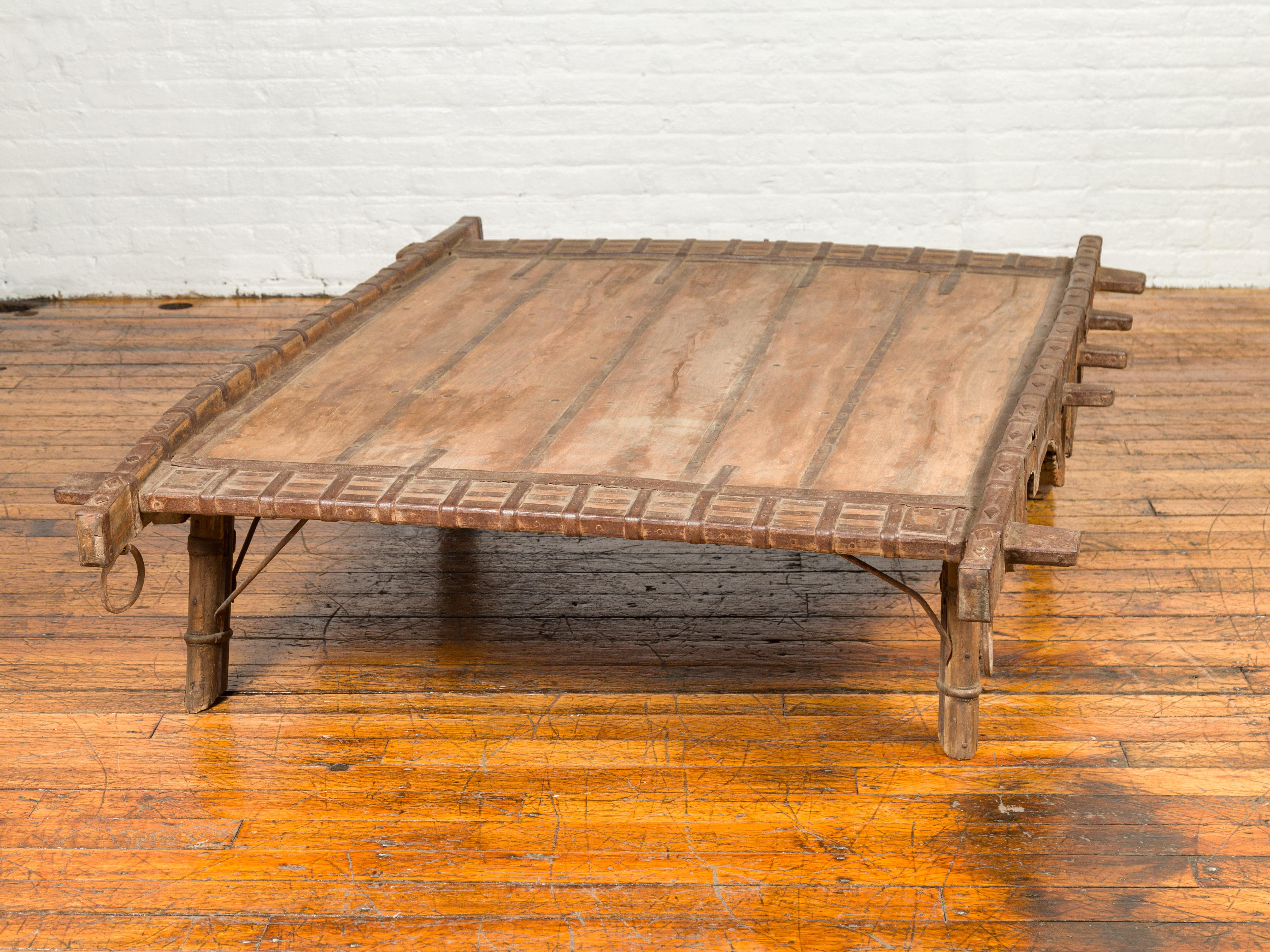 Antique Indian Rustic Wooden Ox Cart with Metal Accents Made into a Coffee Table 4