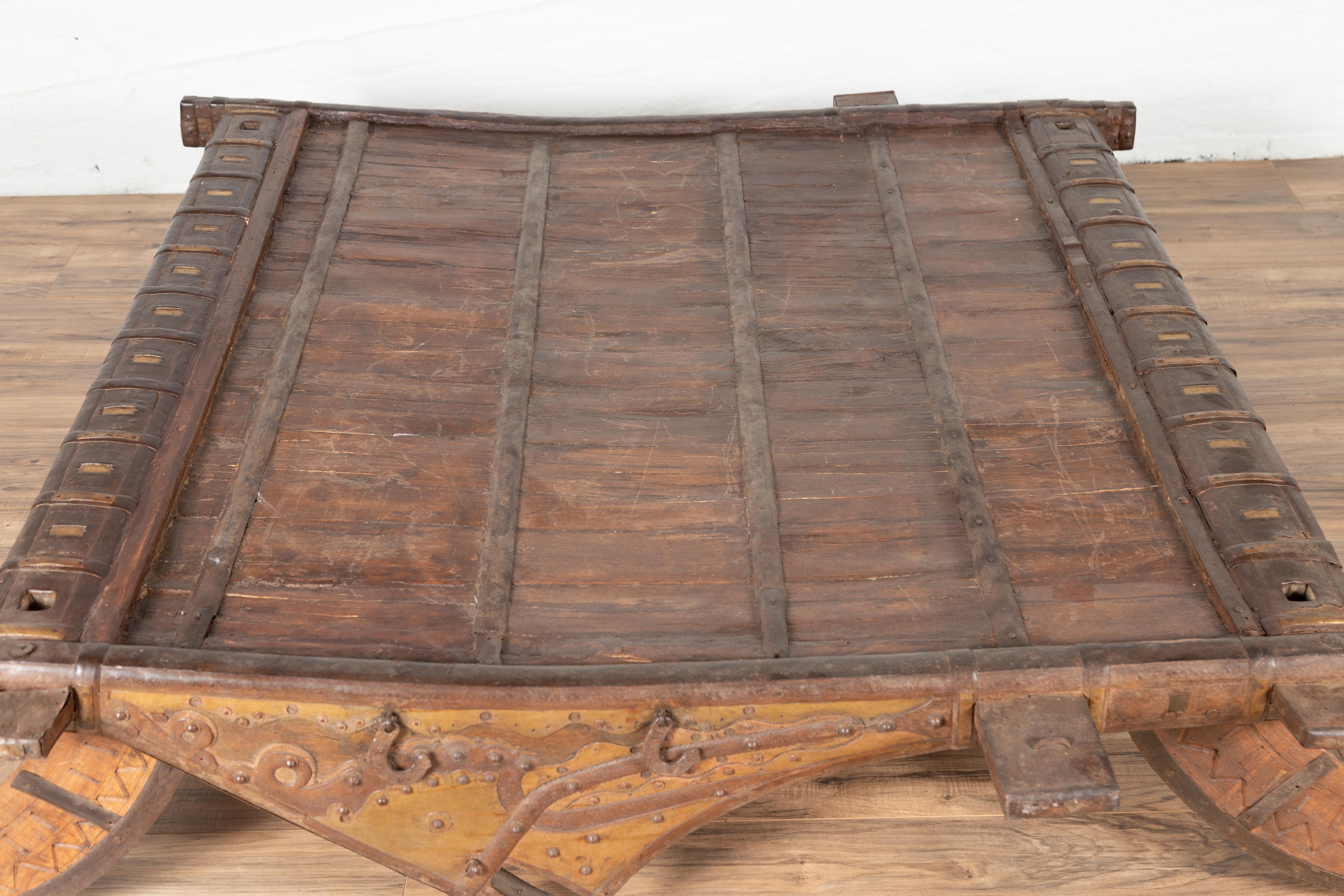 Antique Indian Rustic Wooden Ox Cart with Metal Accents Made into a Coffee Table For Sale 5