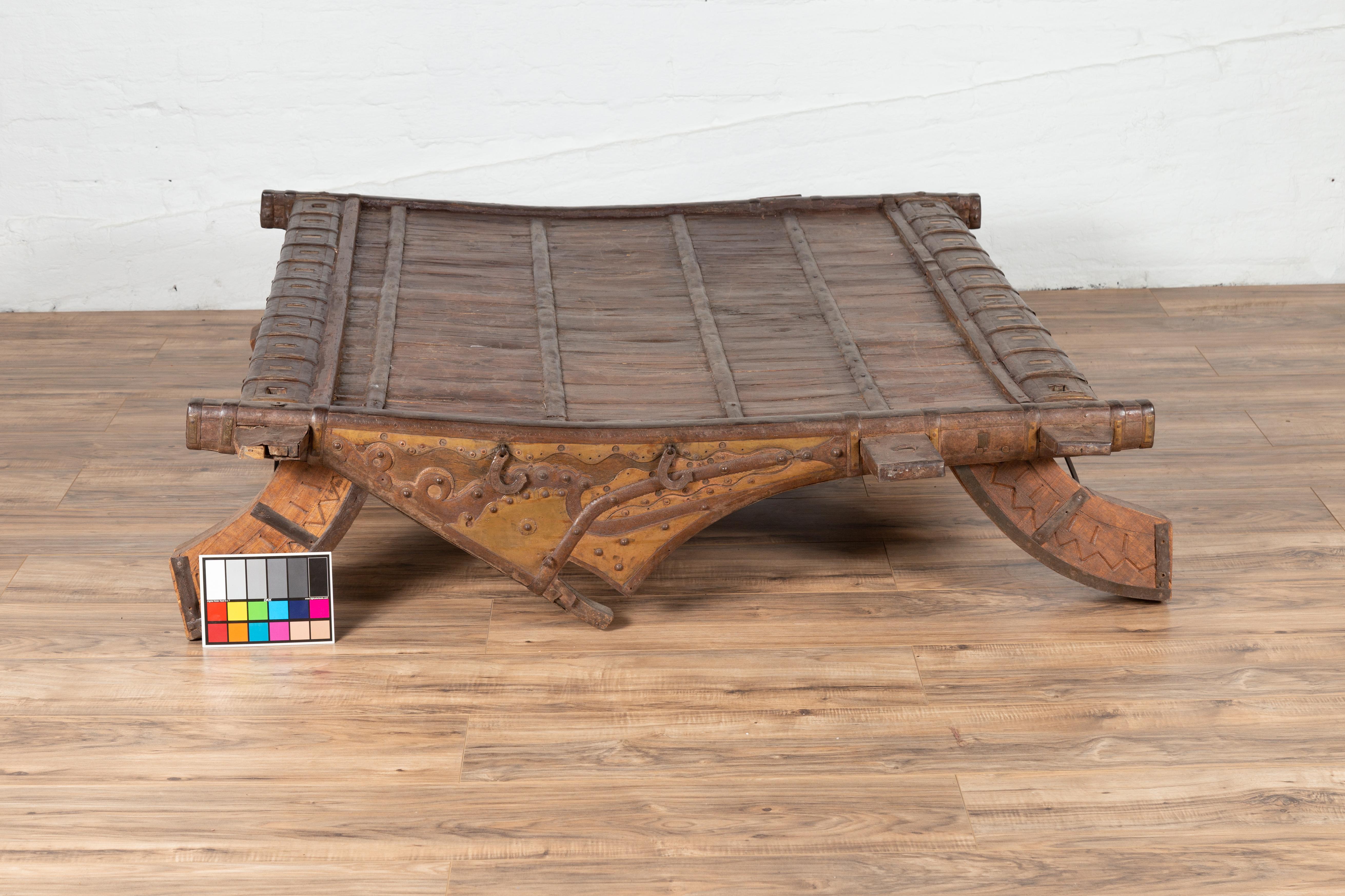 Antique Indian Rustic Wooden Ox Cart with Metal Accents Made into a Coffee Table For Sale 6