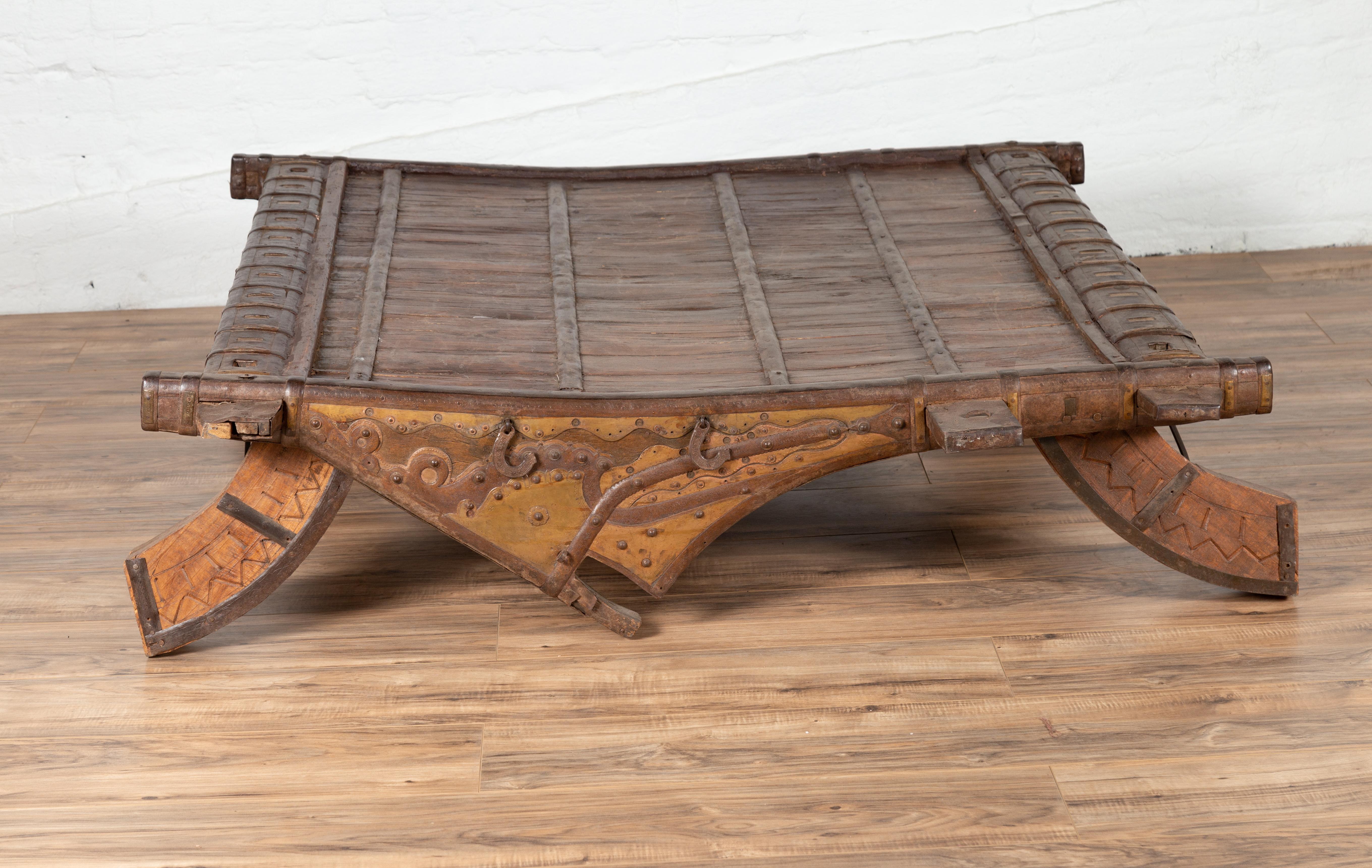 Antique Indian Rustic Wooden Ox Cart with Metal Accents Made into a Coffee Table For Sale 7