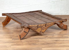 Antique Indian Rustic Wooden Ox Cart with Metal Accents Made into a Coffee Table