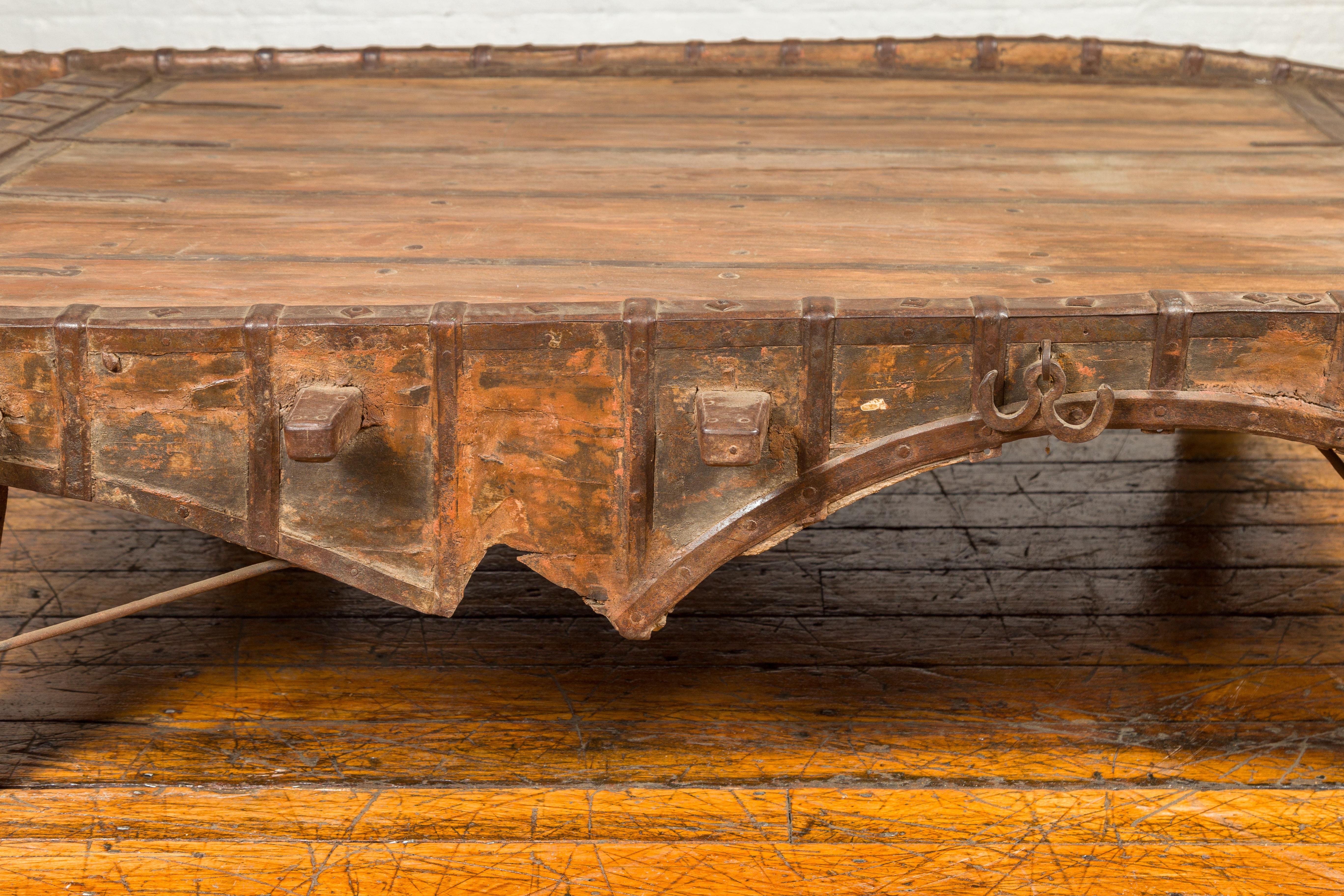 Antique Indian Rustic Wooden Ox Cart with Metal Accents Made into a Coffee Table In Good Condition In Yonkers, NY