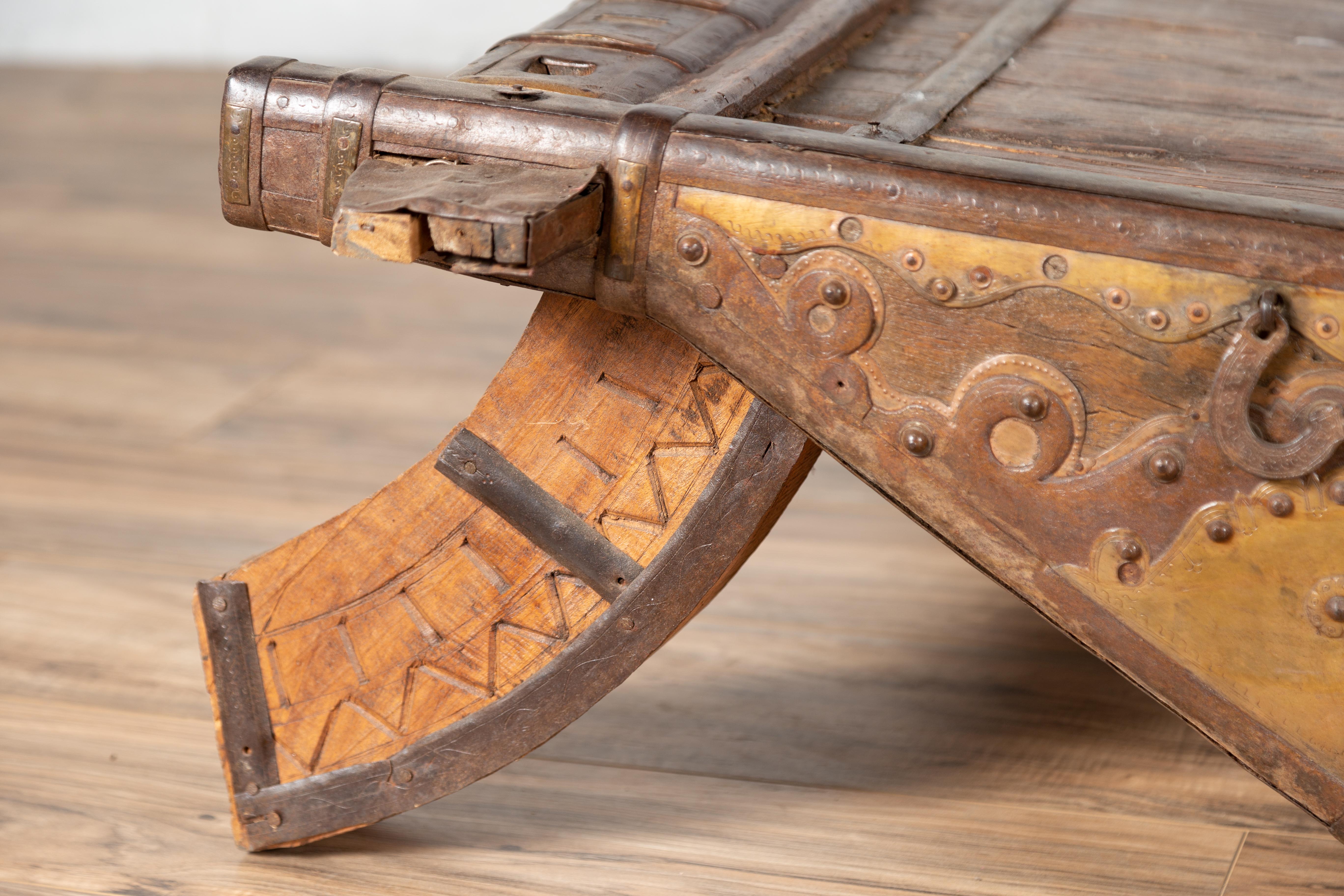 Antique Indian Rustic Wooden Ox Cart with Metal Accents Made into a Coffee Table In Good Condition For Sale In Yonkers, NY