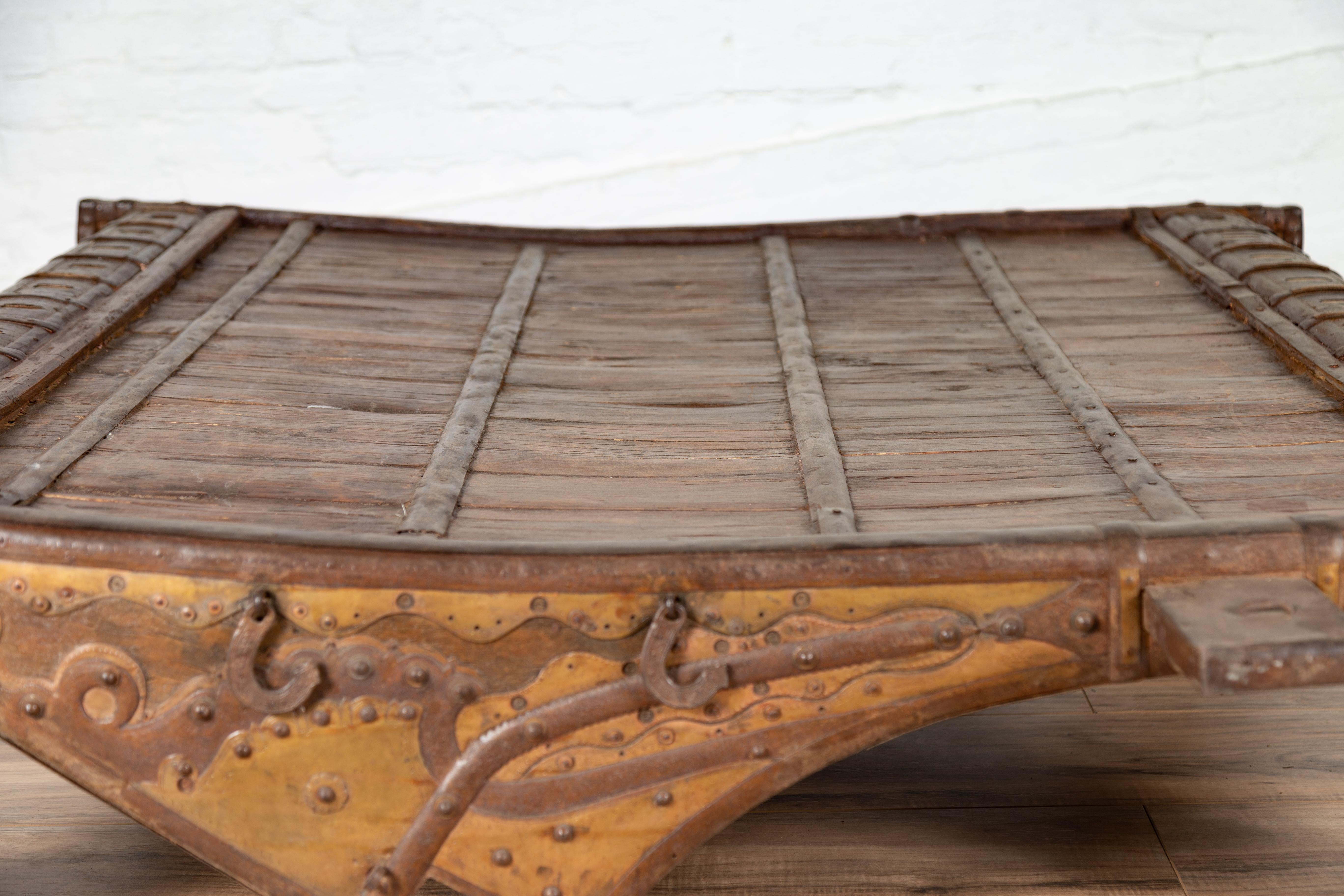 19th Century Antique Indian Rustic Wooden Ox Cart with Metal Accents Made into a Coffee Table For Sale