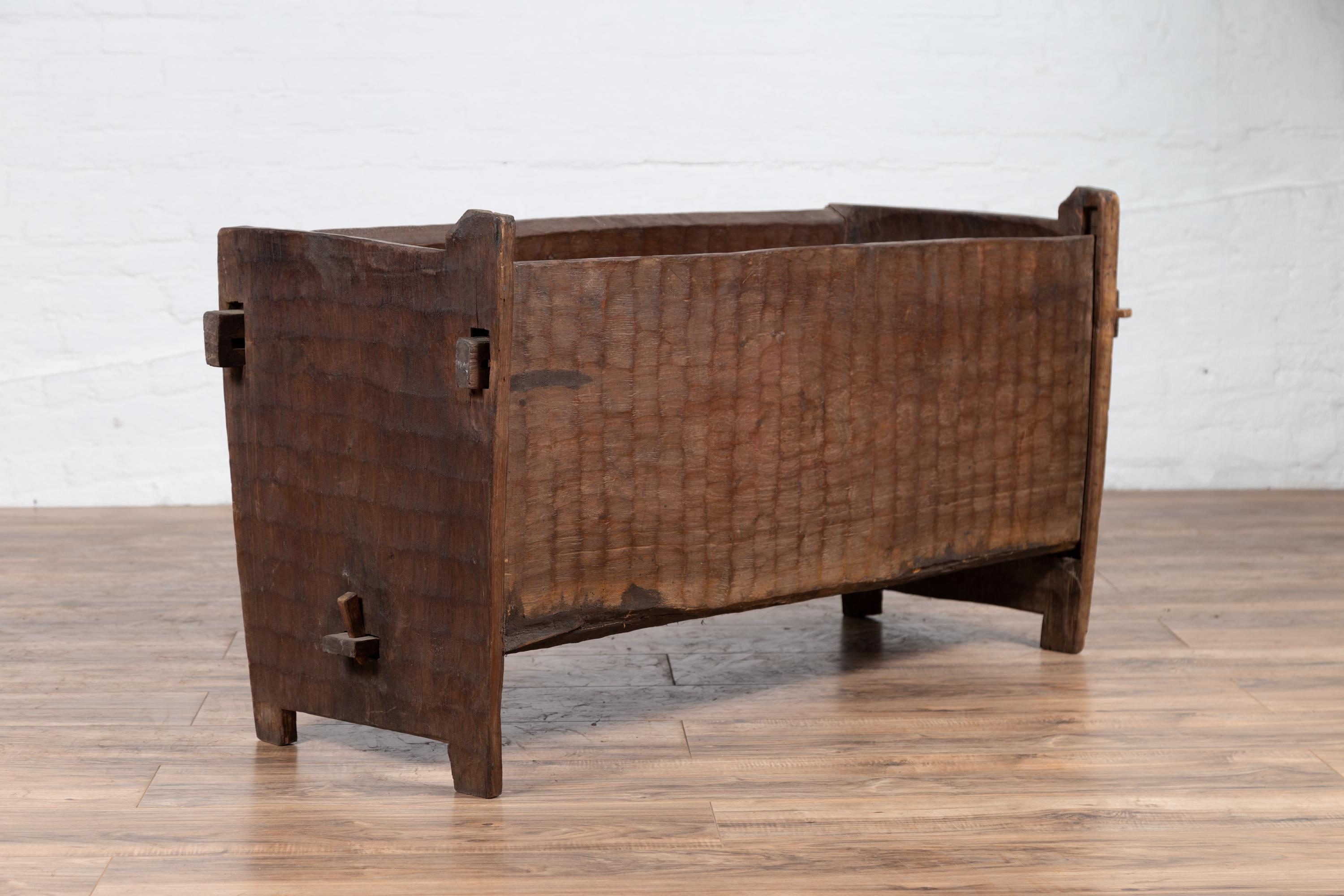 Antique Indian Rustic Wooden Planter Box with Weathered Patina and Chiseled Body For Sale 5