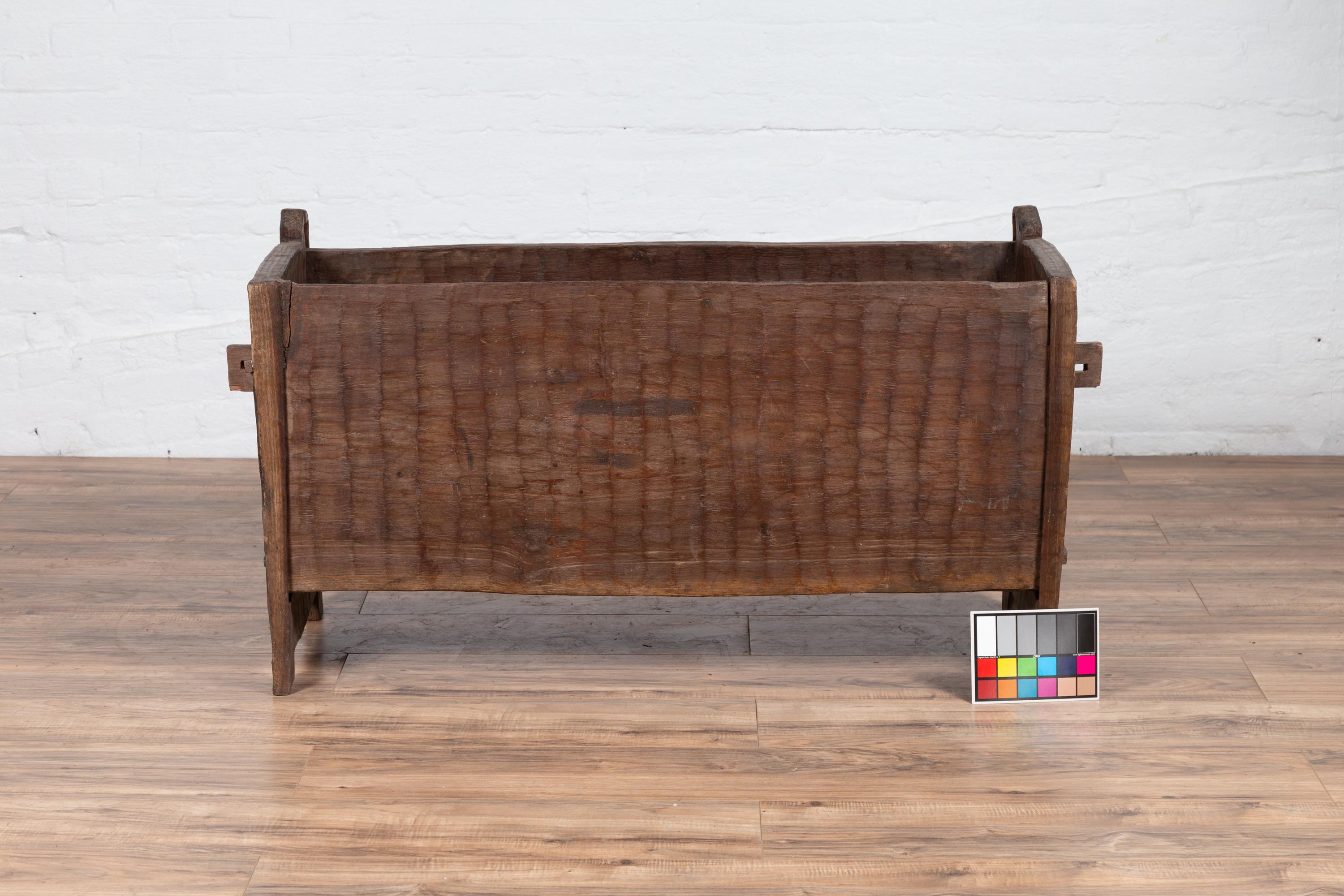 Antique Indian Rustic Wooden Planter Box with Weathered Patina and Chiseled Body For Sale 6