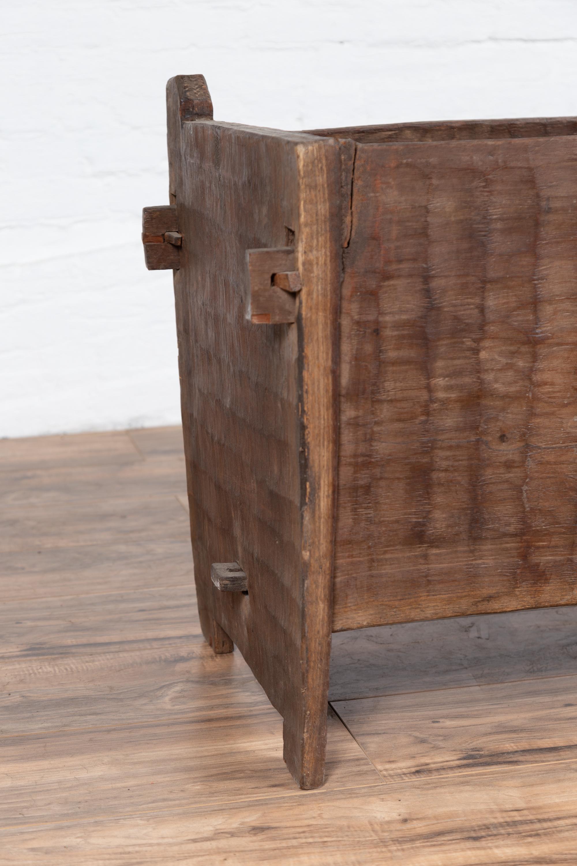 20th Century Antique Indian Rustic Wooden Planter Box with Weathered Patina and Chiseled Body For Sale