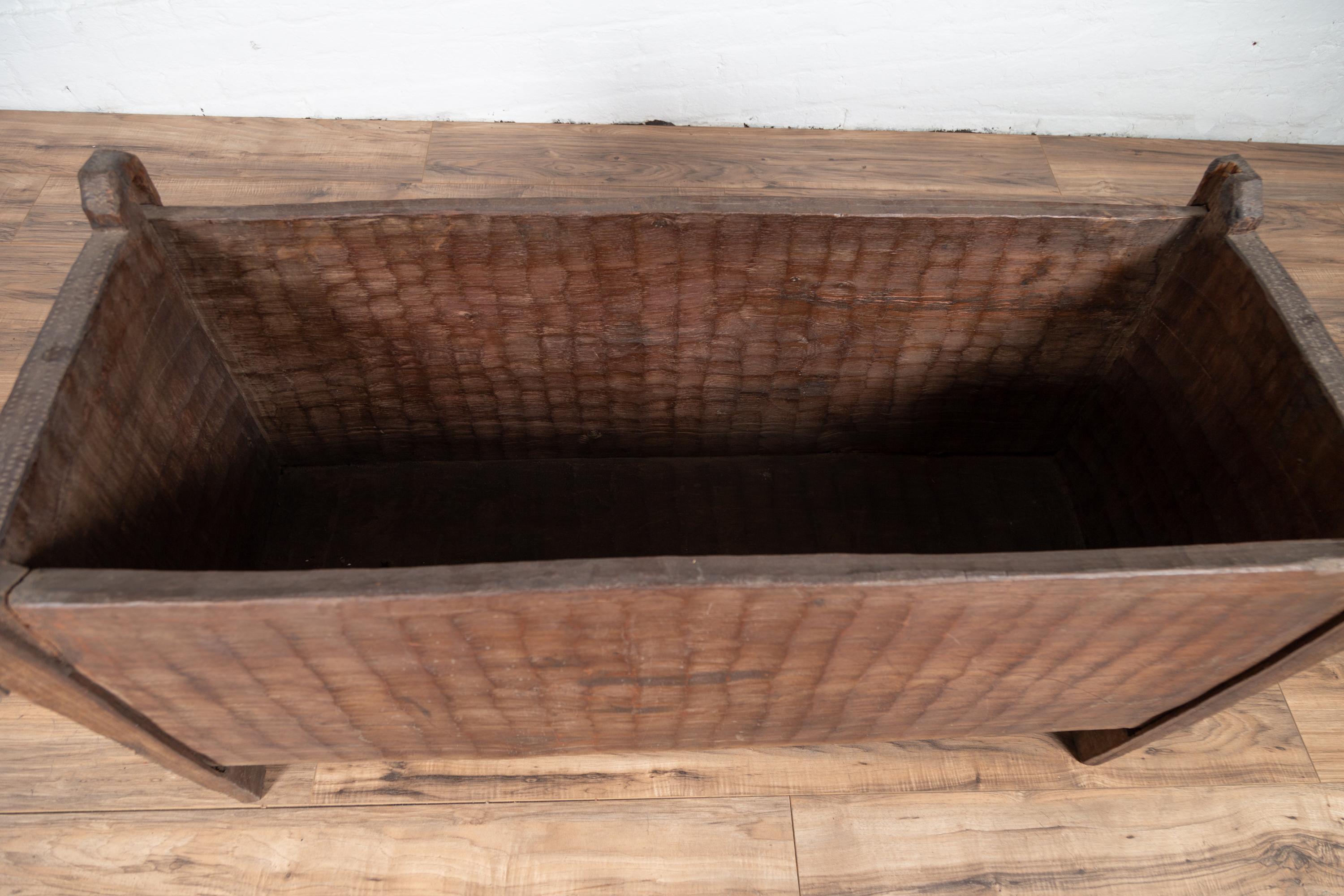 Antique Indian Rustic Wooden Planter Box with Weathered Patina and Chiseled Body For Sale 1