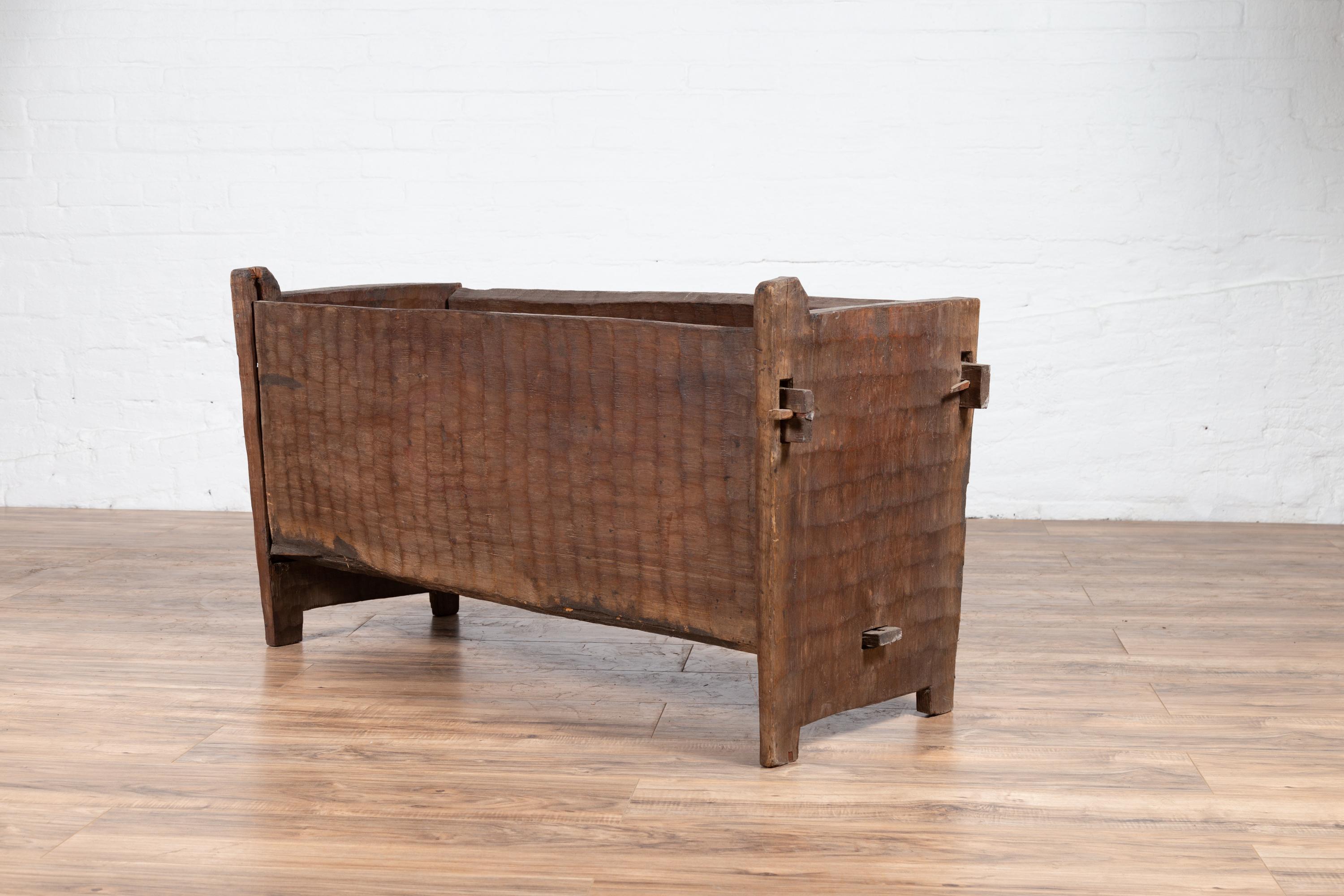Antique Indian Rustic Wooden Planter Box with Weathered Patina and Chiseled Body For Sale 2