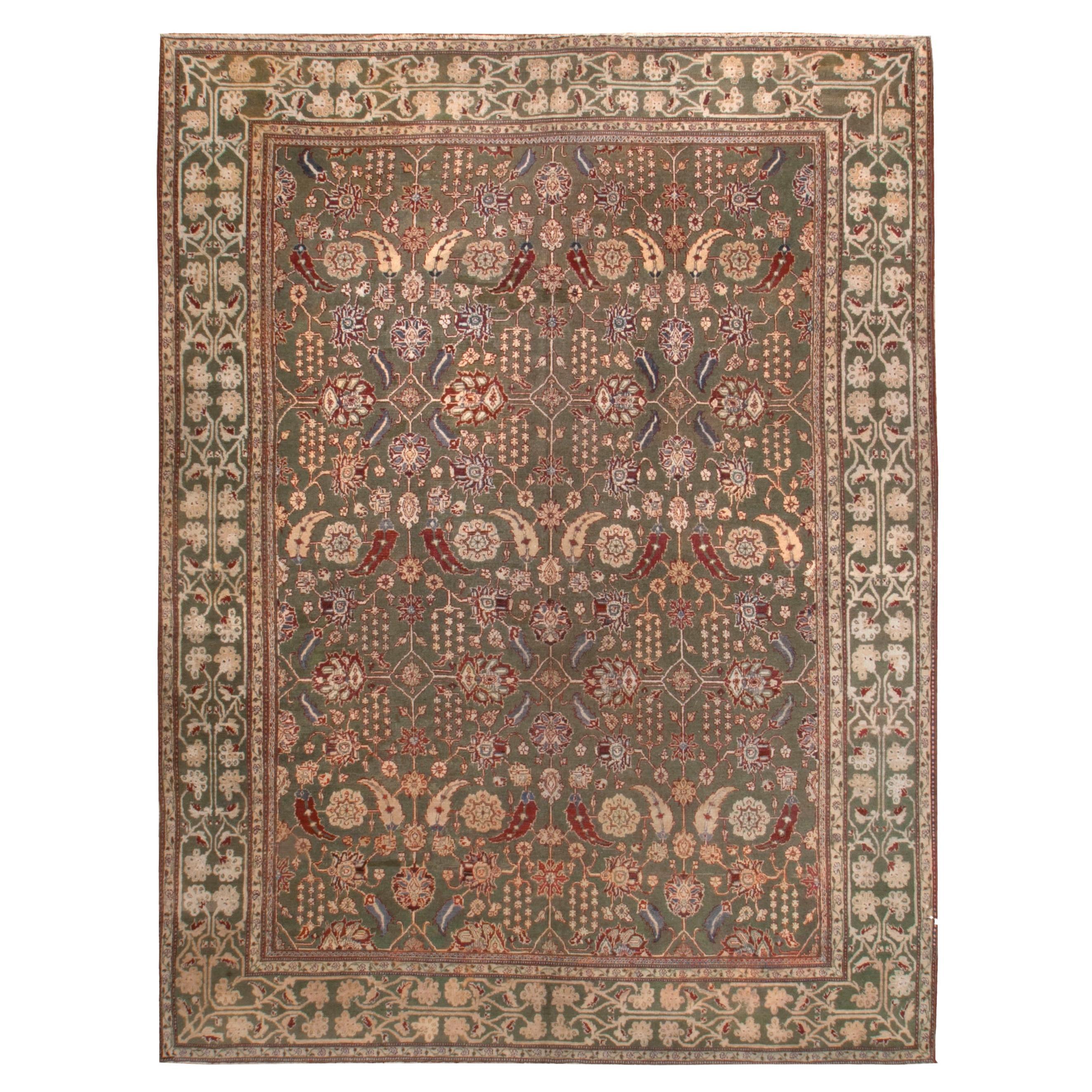 Antique Indian Sage Green Agra Rug,  8'10 x 11'6 For Sale