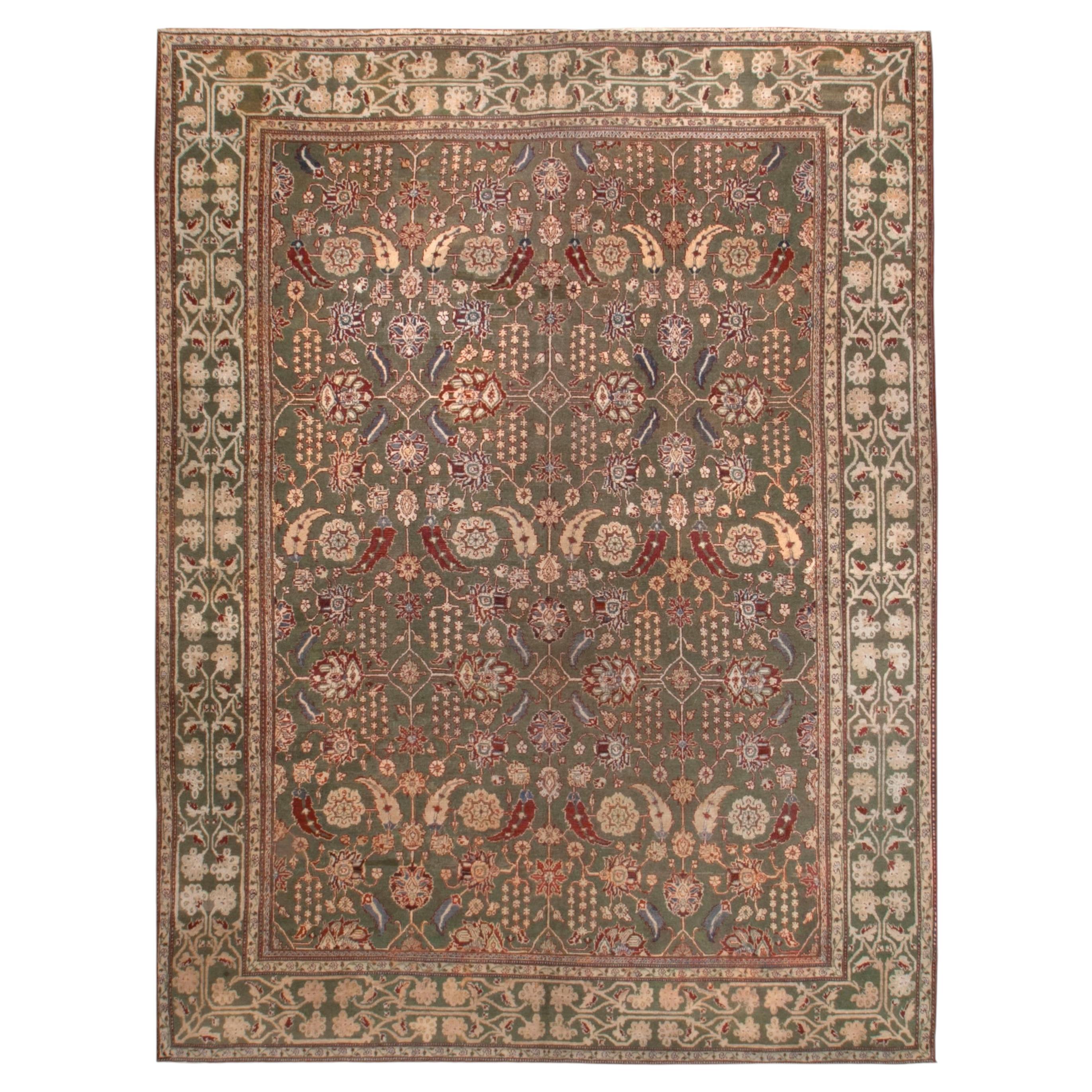 Antique Indian Sage Green Agra Rug, 8'10 x 11'6 Hand Knotted