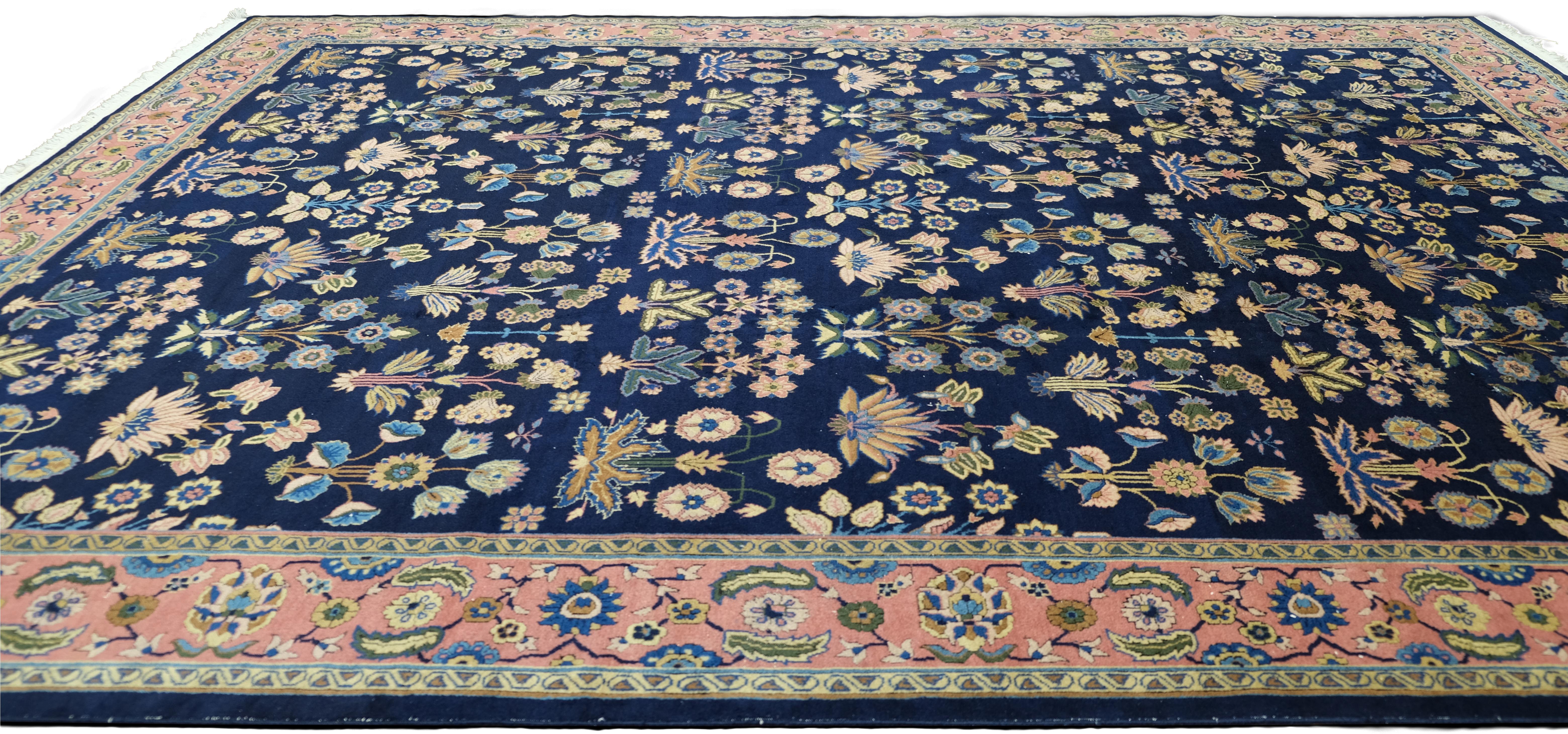 Sarouk Farahan Ancien tapis indien Sarouk bleu et laine saumon 9'1''x12' en vente