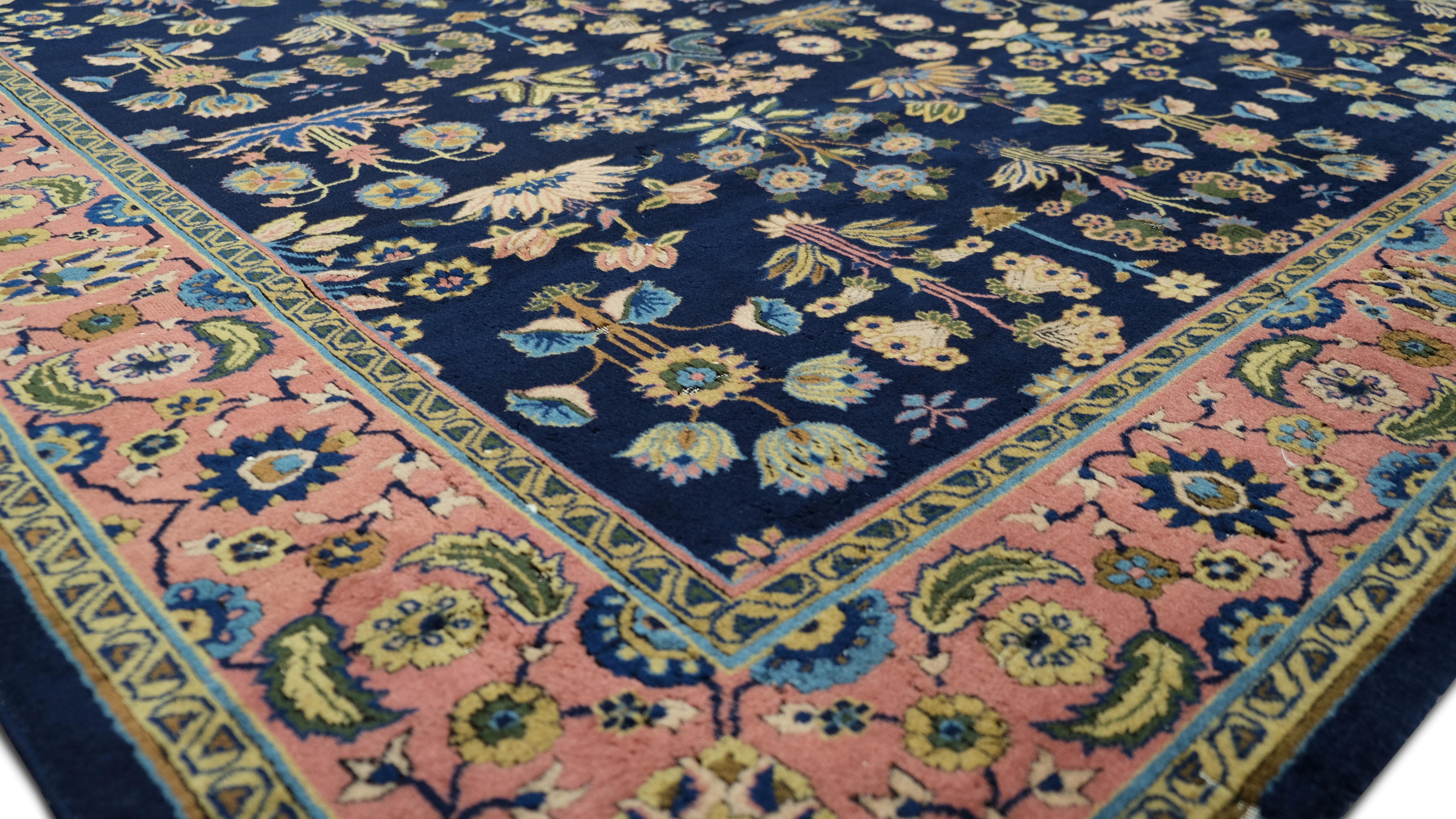 Indien Ancien tapis indien Sarouk bleu et laine saumon 9'1''x12' en vente