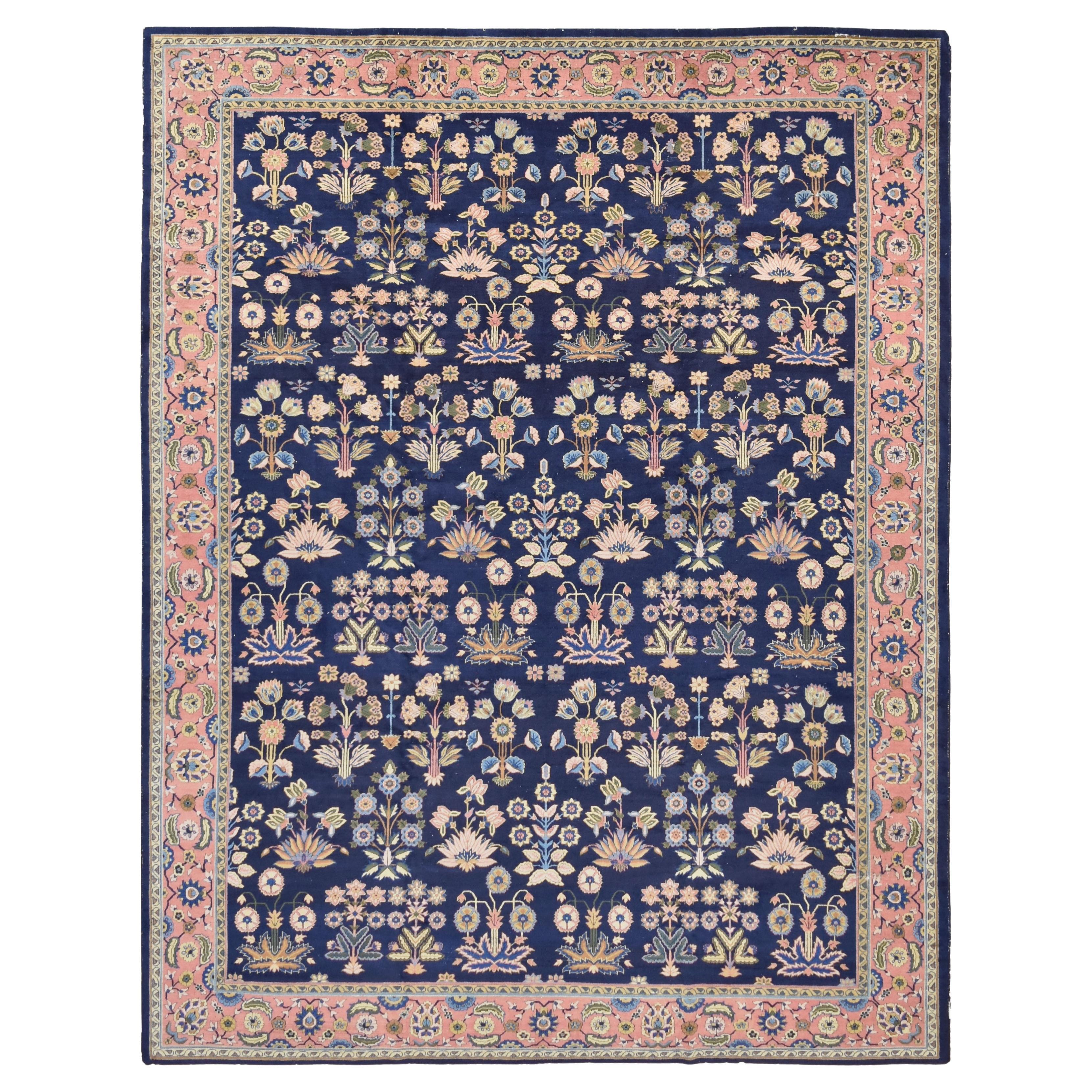 Antique Indian Sarouk Blue and Salmon Wool Rug 9'1''x12'