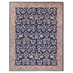 Antique Indian Sarouk Blue and Salmon Wool Rug 9'1''x12'