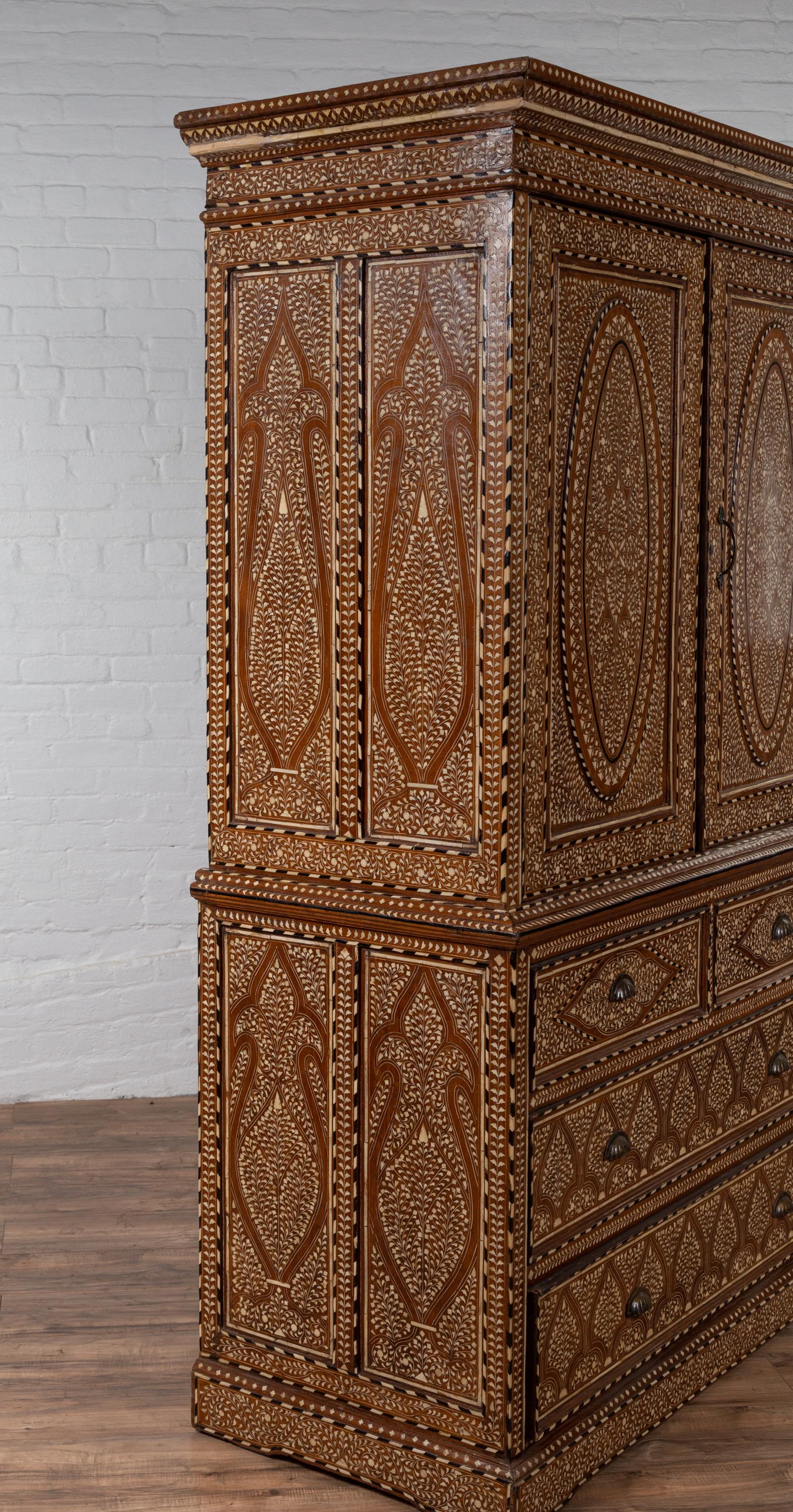 Antique Indian Sheesham and Bone Inlaid Wardrobe Cabinet with Ebonized Accents 9