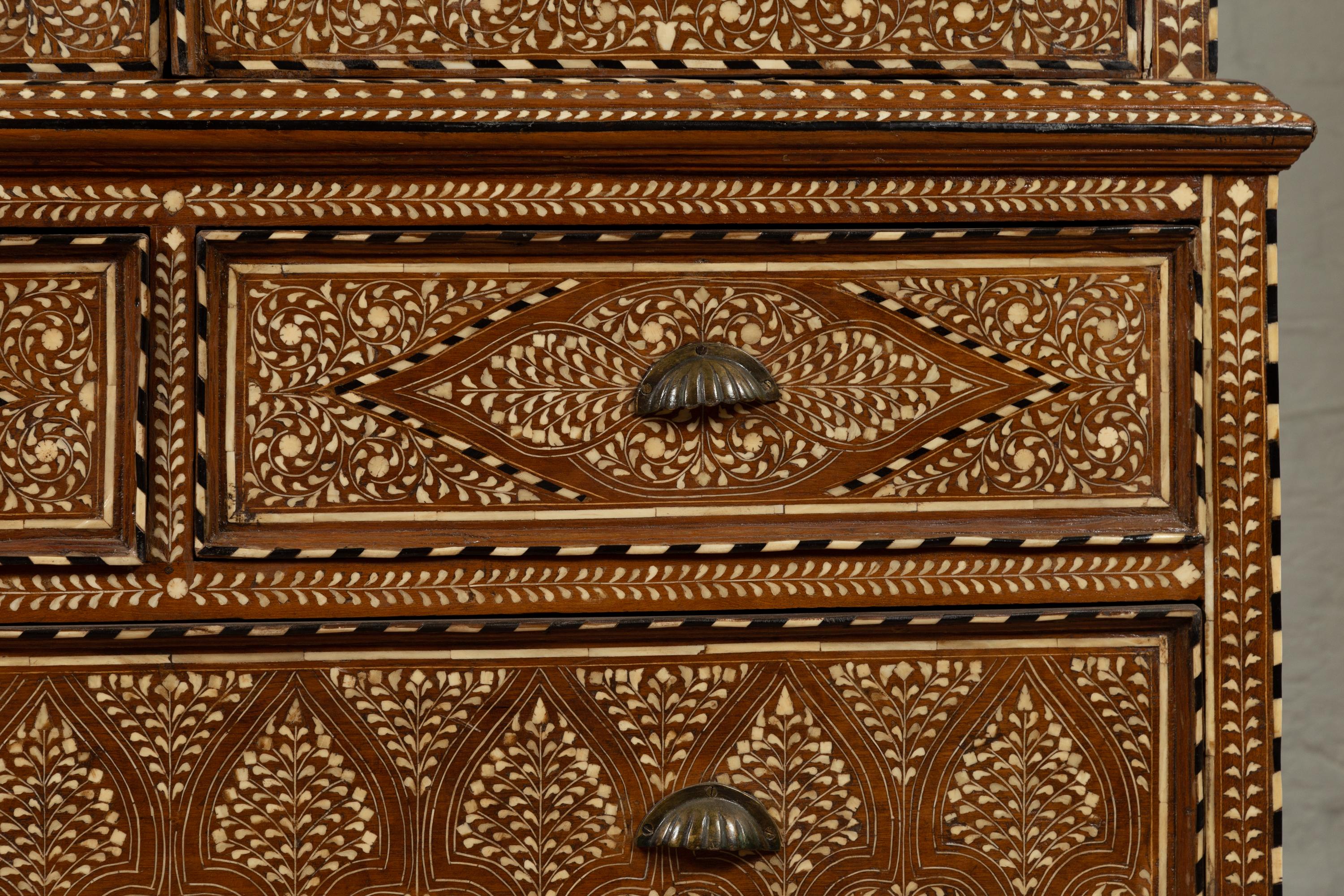Rosewood Antique Indian Sheesham and Bone Inlaid Wardrobe Cabinet with Ebonized Accents