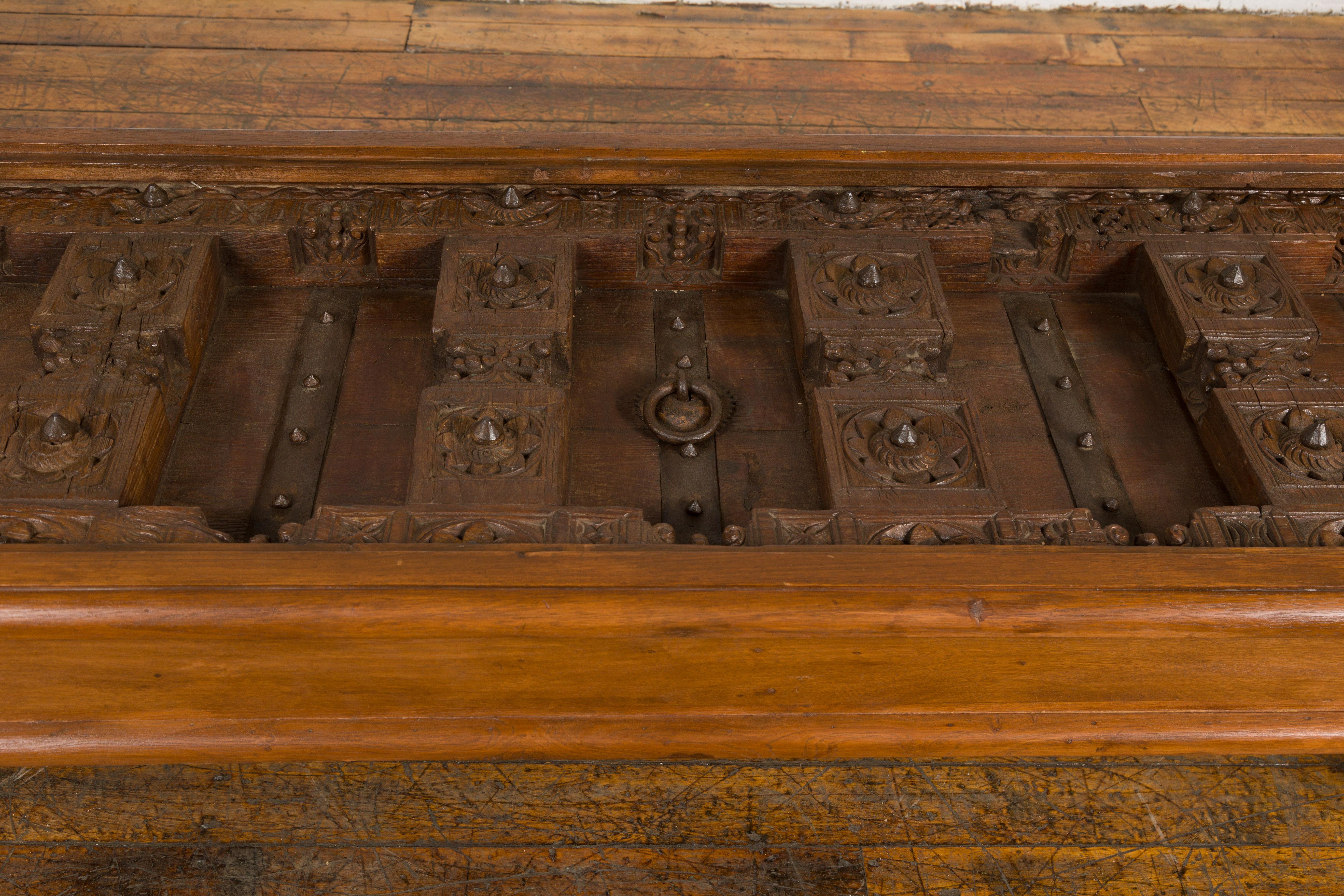 Carved Antique Indian Sheesham Wood and Iron Exterior Door Made into a Coffee Table For Sale