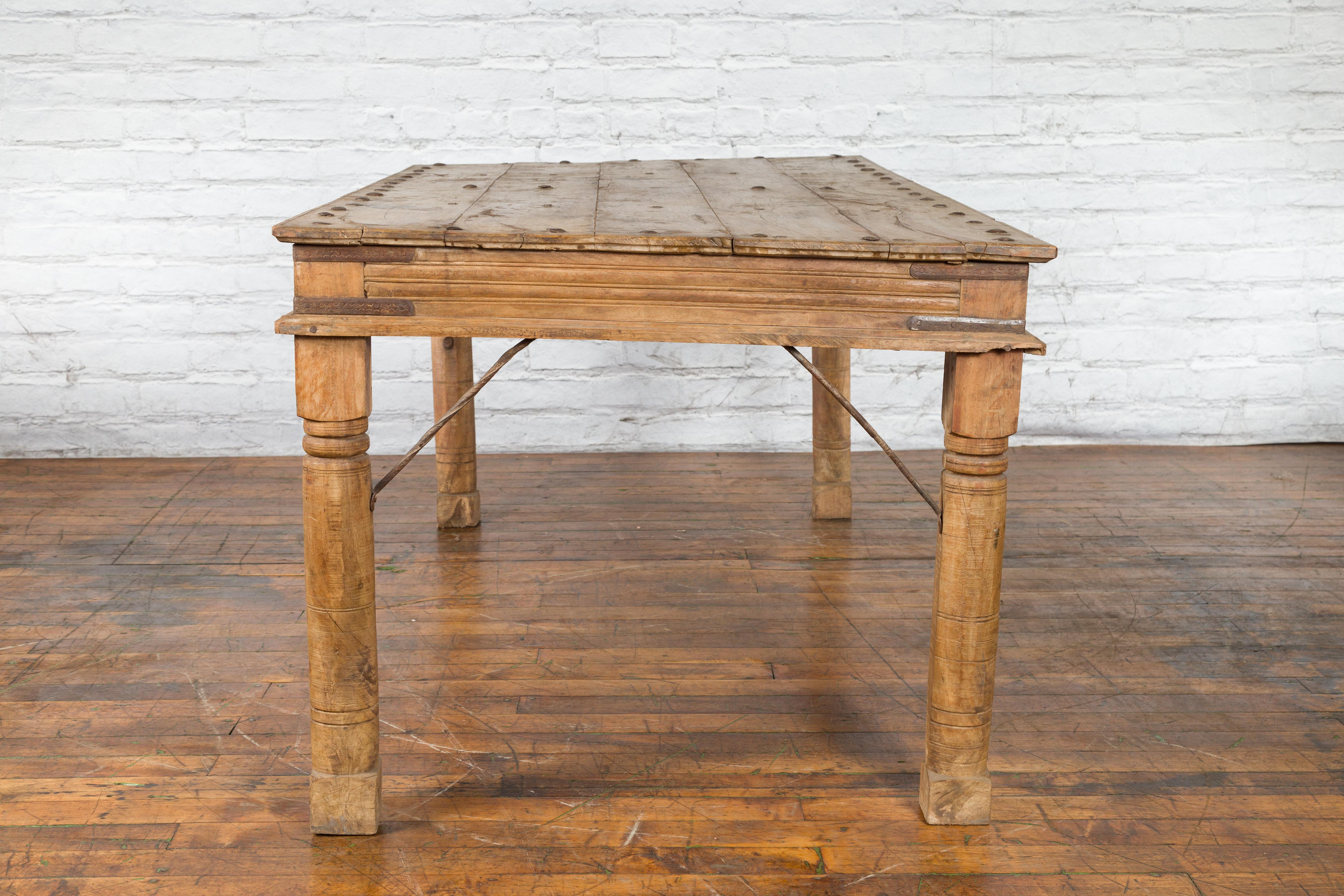 Antique Indian Sheesham Wood Palace Door Dining Table with Iron Accents For Sale 10