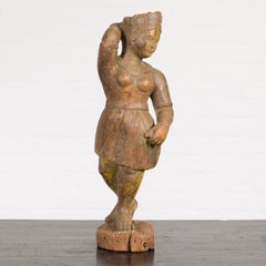 Antique Indian Sheesham Wood Temple Sculpture Depicting a Woman Wearing a Tunic