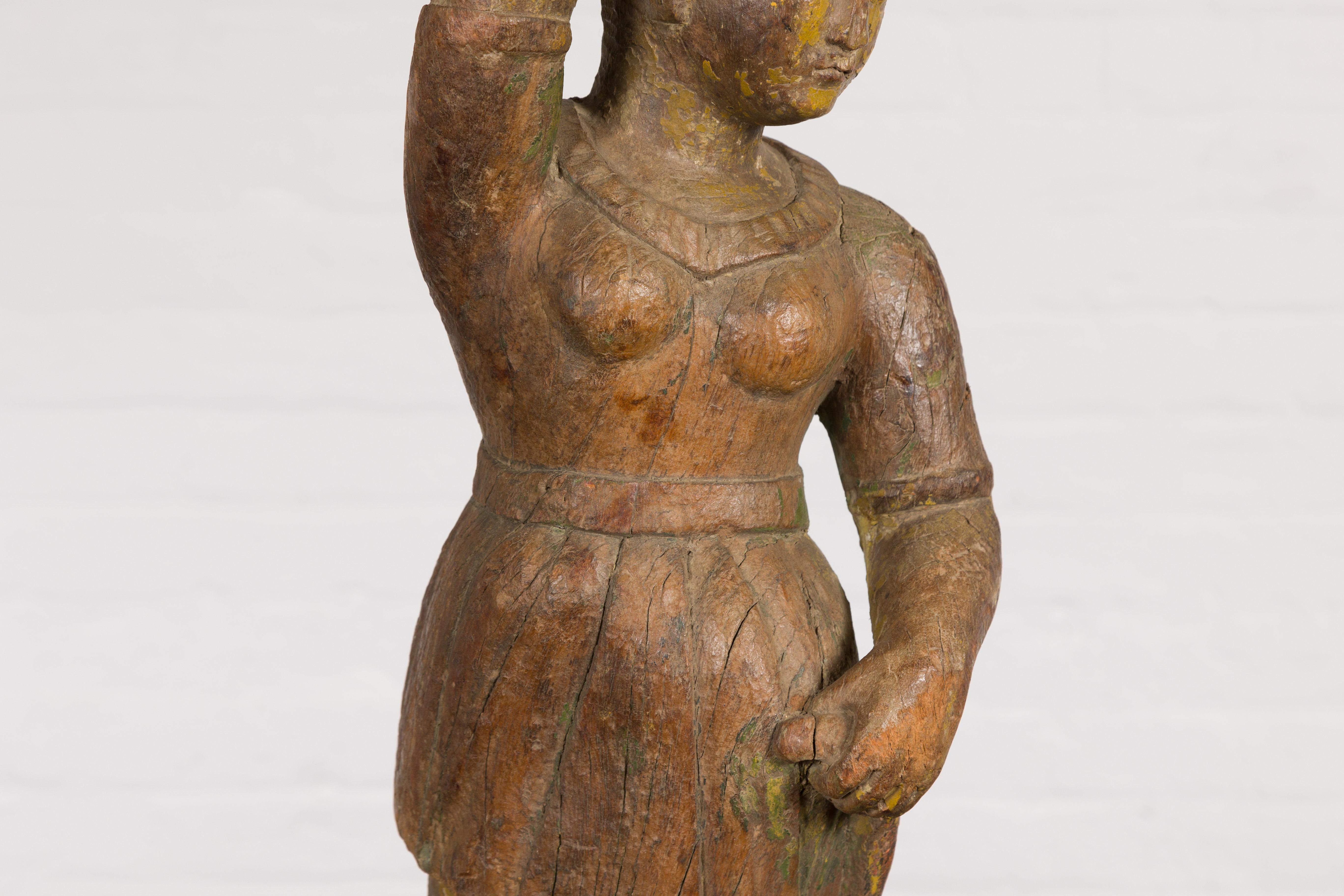 19th Century Antique Indian Sheesham Wood Temple Sculpture Depicting a Woman Wearing a Tunic For Sale