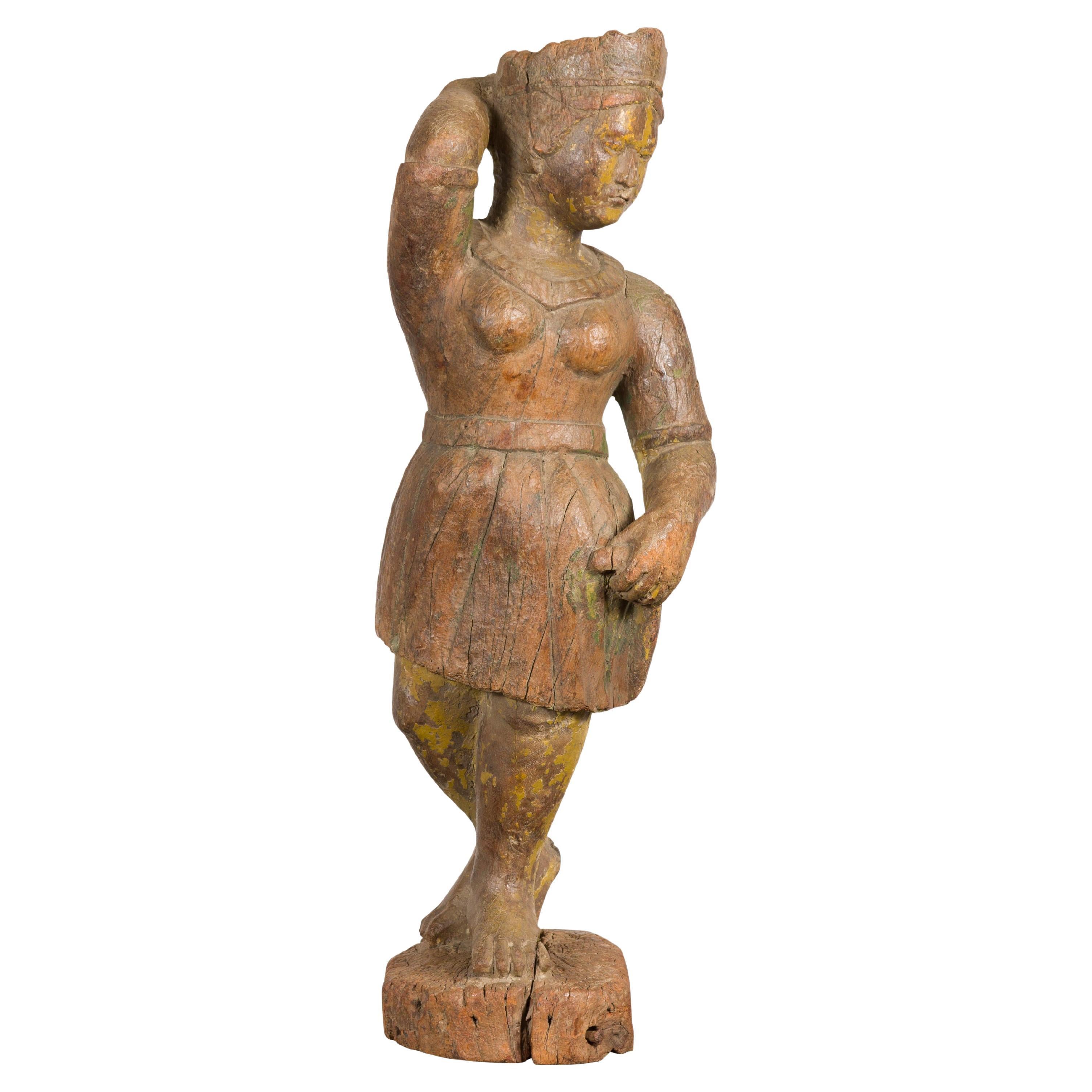 Antique Indian Sheesham Wood Temple Sculpture Depicting a Woman Wearing a Tunic For Sale