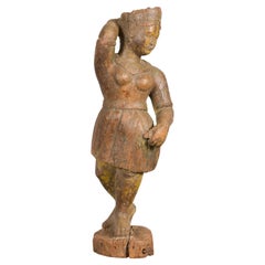 Antique Indian Sheesham Wood Temple Sculpture Depicting a Woman Wearing a Tunic