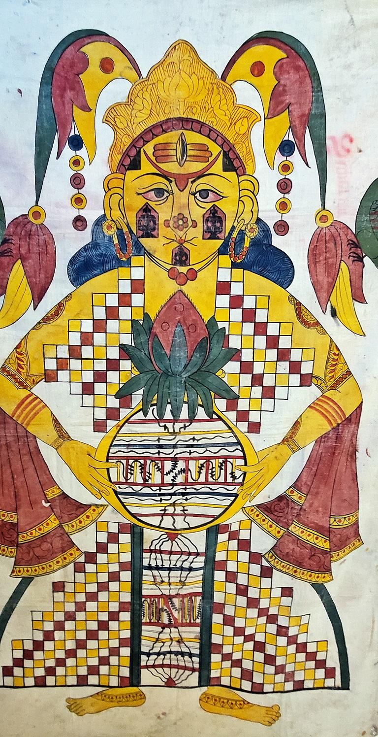Hand-Painted Antique Indian Shiva Cotton Tapestry For Sale