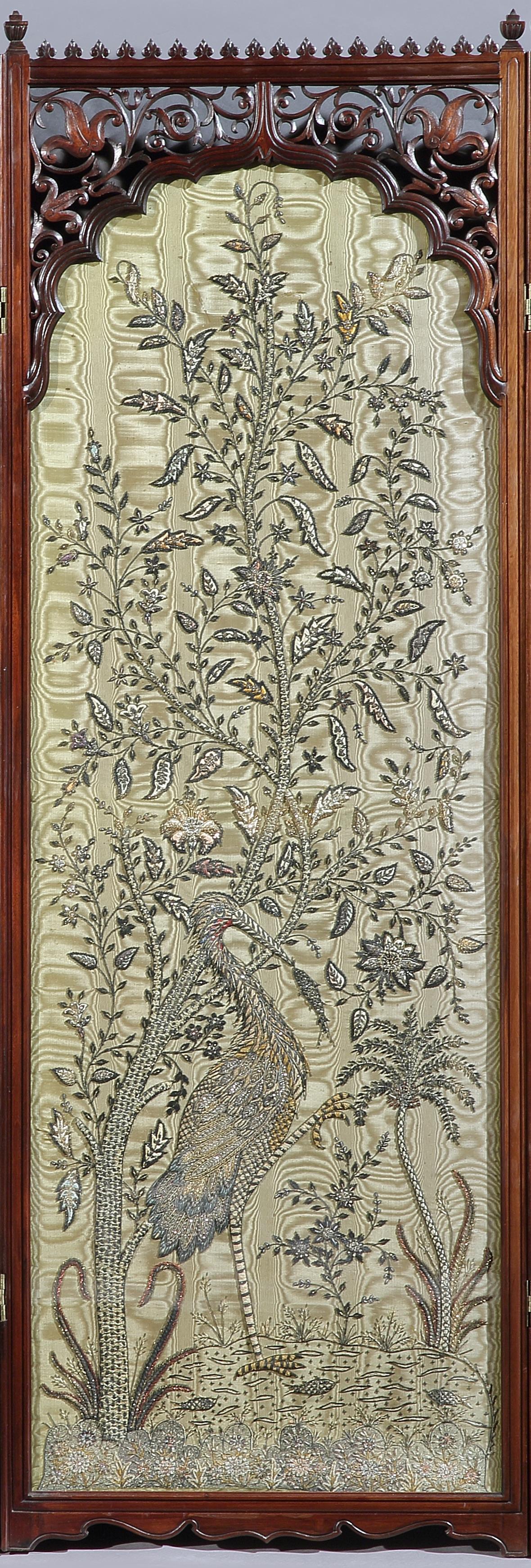 19th Century Antique Indian Silk and Silver Thread Embroidered Screen