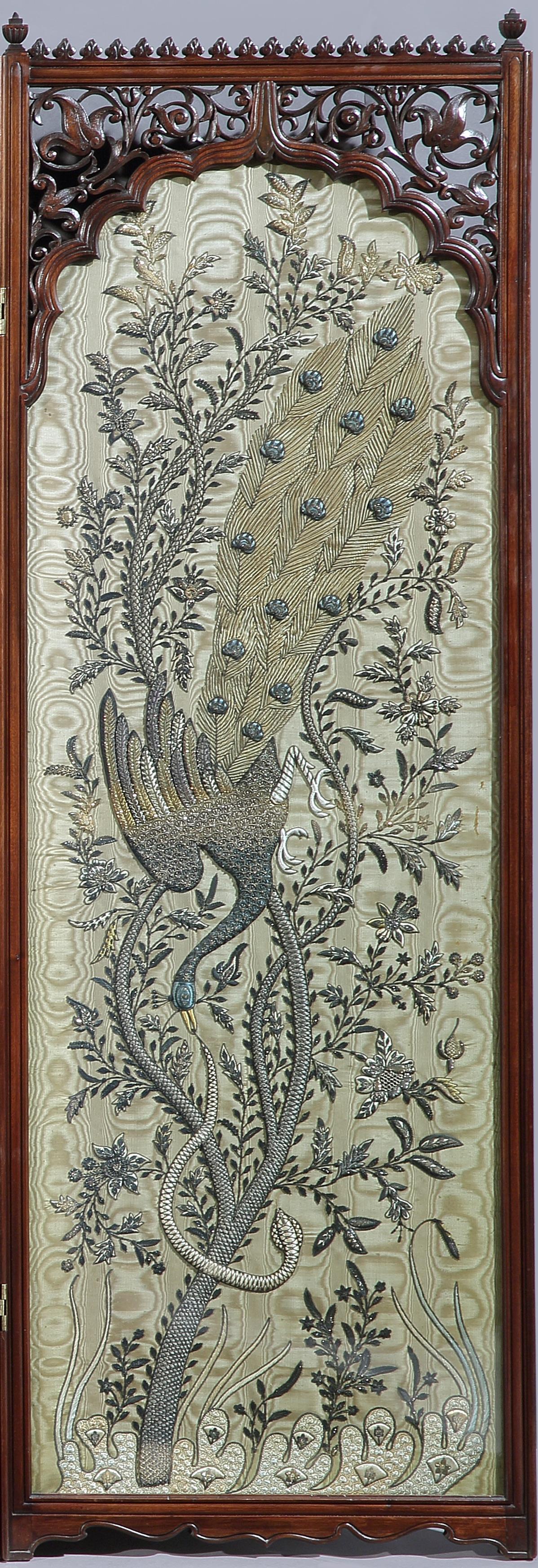 Antique Indian Silk and Silver Thread Embroidered Screen 1