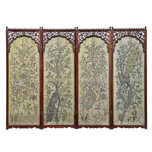 Antique Indian Silk and Silver Thread Embroidered Screen at 1stDibs