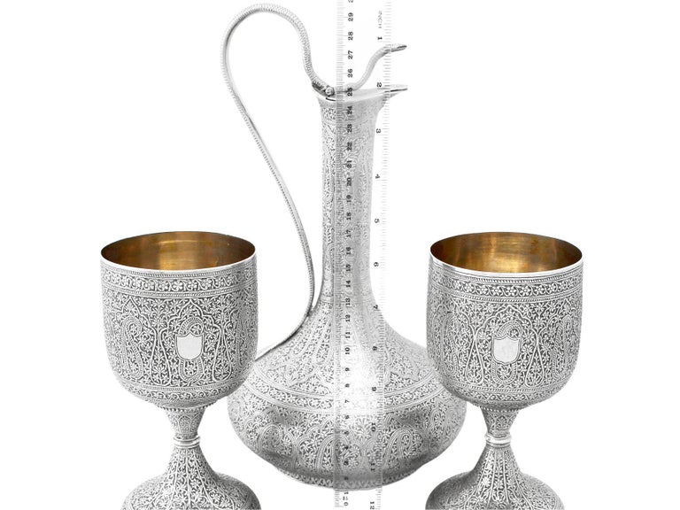 Antique Indian Silver Claret Jug and Matching Goblets For Sale at 1stDibs