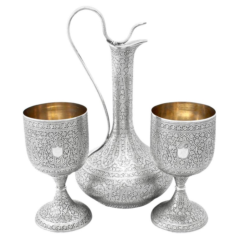 Antique Indian Silver Claret Jug and Matching Goblets For Sale at 1stDibs