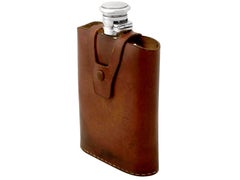 Antique Indian Silver Hip Flask with Leather Case