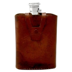 Antique Indian Silver Hip Flask with Leather Case