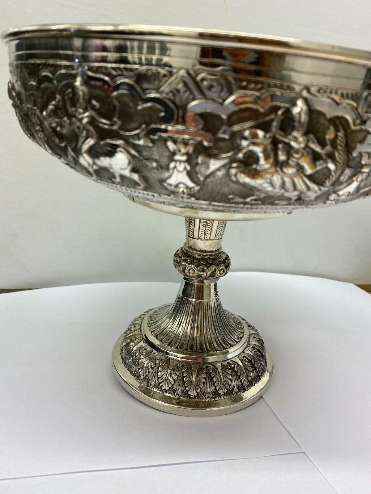 Antique Indian Silver Repousse Hunting Scenes Pedestal Bowl/Trophy In Excellent Condition In London, GB