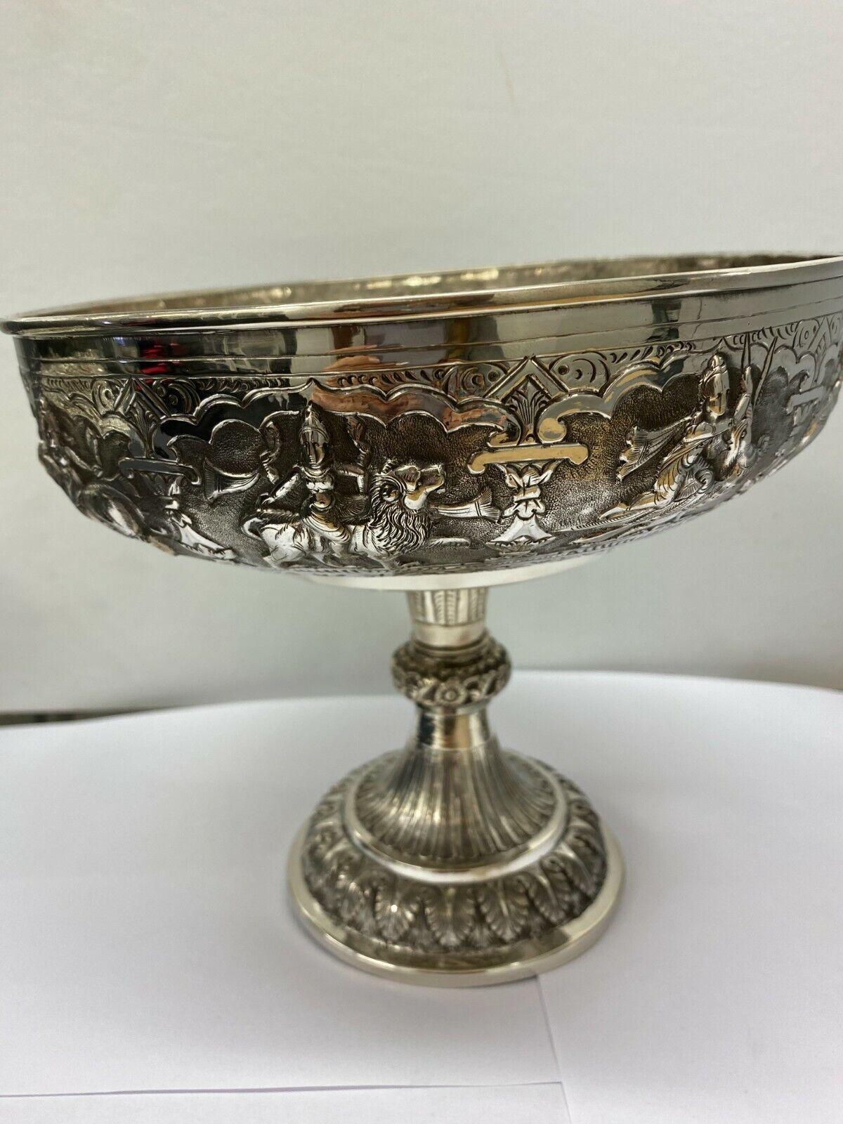 Women's or Men's Antique Indian Silver Repousse Hunting Scenes Pedestal Bowl/Trophy