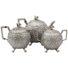 Antique Indian Silver Three Piece Tea Service by Oomersee Mawjee & Sons