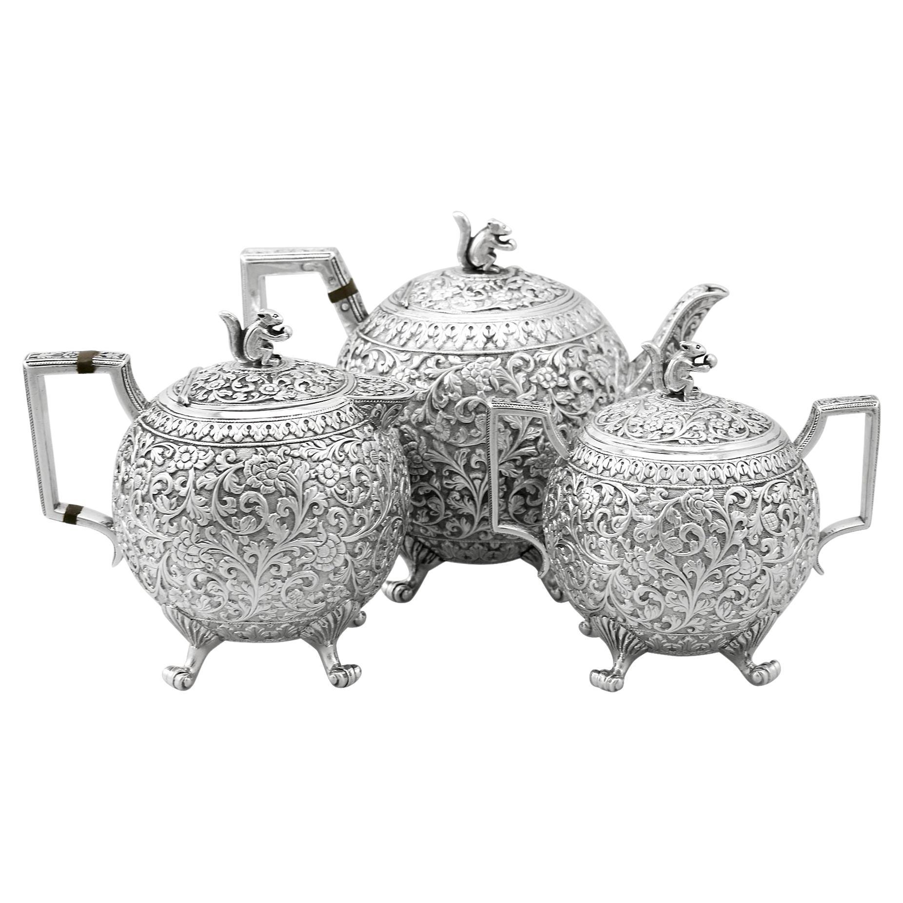 Antique Indian Silver Three Piece Tea Service by Oomersee Mawjee & Sons